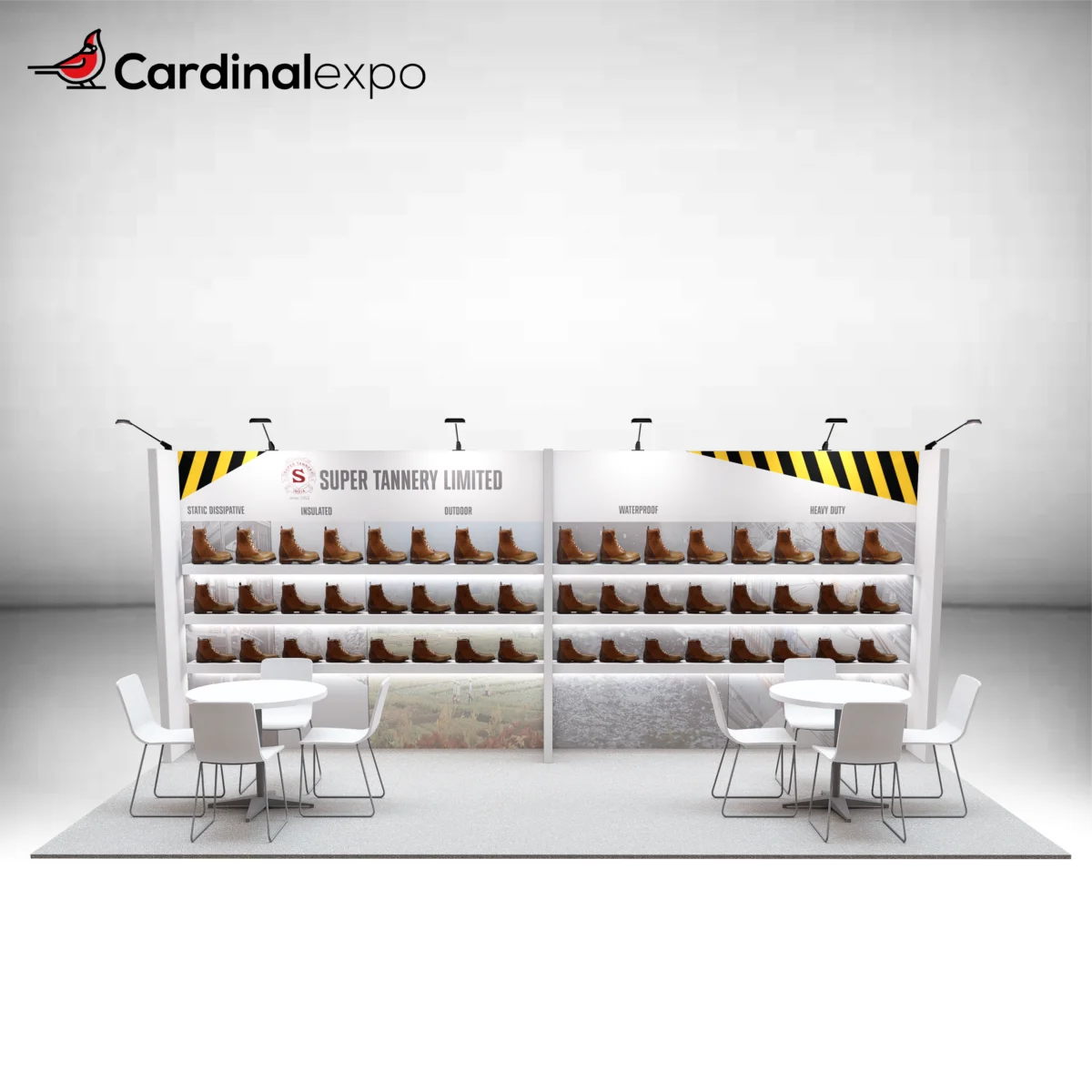 Front view of a 10x20 trade show display featuring extensive backwall shelving, overhead arm lights, and two table sets.