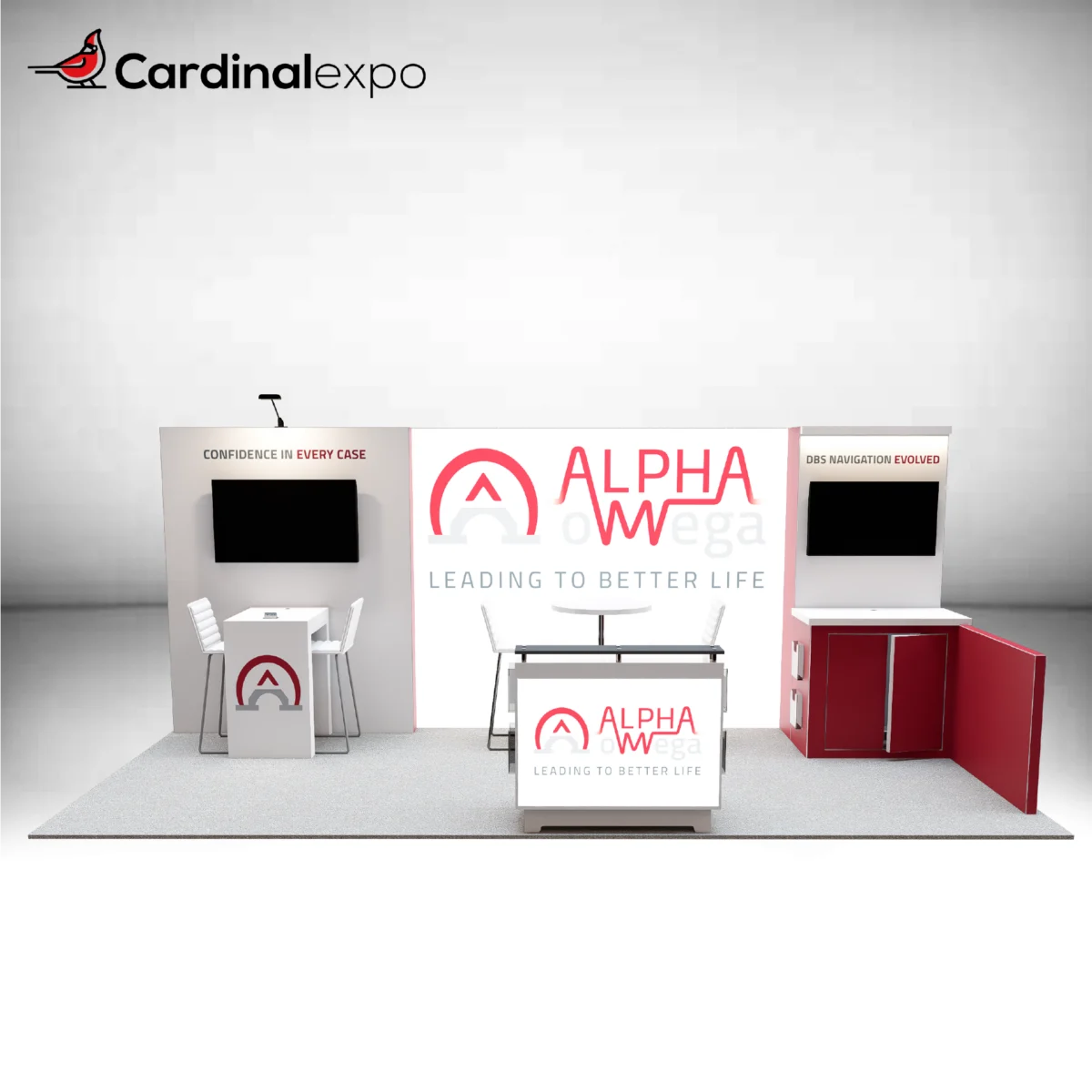 Front view of a 10x20 trade show booth with a central graphic wall, dual TV stations, high-top seating, and reception counter.