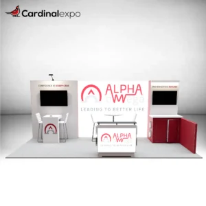 Front view of a 10x20 trade show booth with a central graphic wall, dual TV stations, high-top seating, and reception counter.