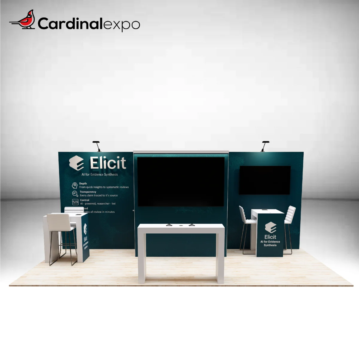 Front perspective of a 10x20 booth featuring a large central video wall, front counter, and dual meeting tables with high-top chairs.