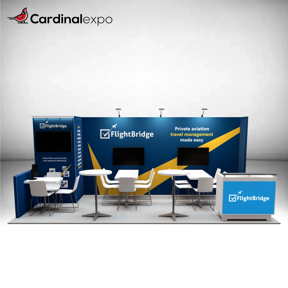 Front perspective of a 10x20 booth with three TV screens, a side workstation alcove, two meeting tables with chairs, and a reception counter.