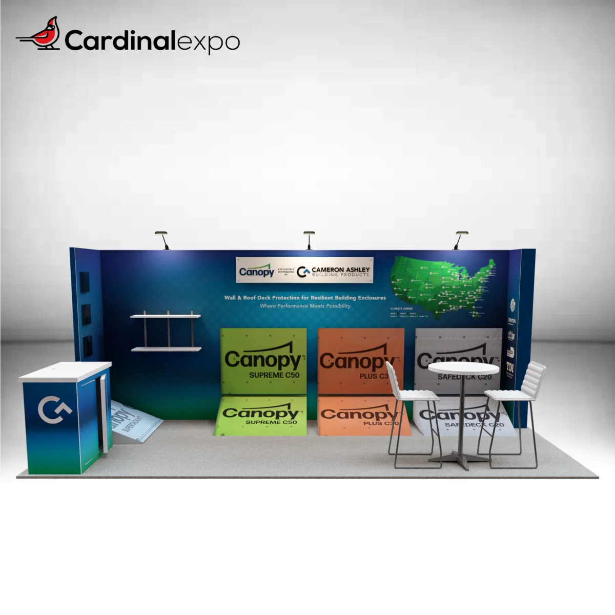 Front view of a 10x20 trade show booth featuring branded product display ramps along the backwall, wall-mounted shelving, a bistro table set, and a front reception counter.