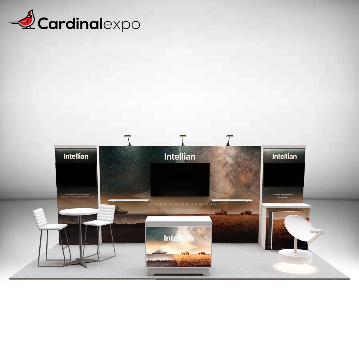Front perspective of a 10x20 trade show booth featuring a starry backwall graphic, three TV monitors, backlit reception desk, and satellite antenna display.