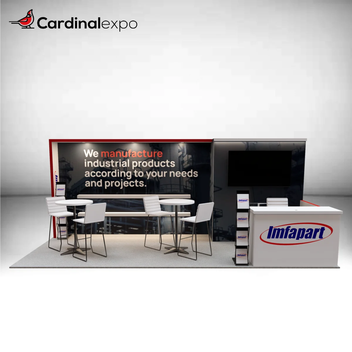 Front perspective of a 10x20 trade show display featuring an industrial graphic backdrop, floating shelves, dual high-top bistro seating, a branded reception desk, and a side storage room with a mounted TV monitor.