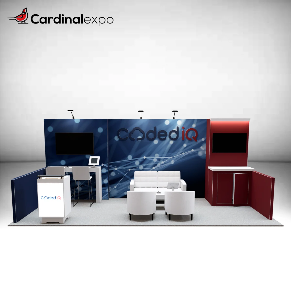 Front perspective of a 10x20 trade show display featuring a tech-themed backwall graphic, central white sofa lounge set with coffee table, left workstation counter with high chairs, backlit reception podium, and right media cabinet.