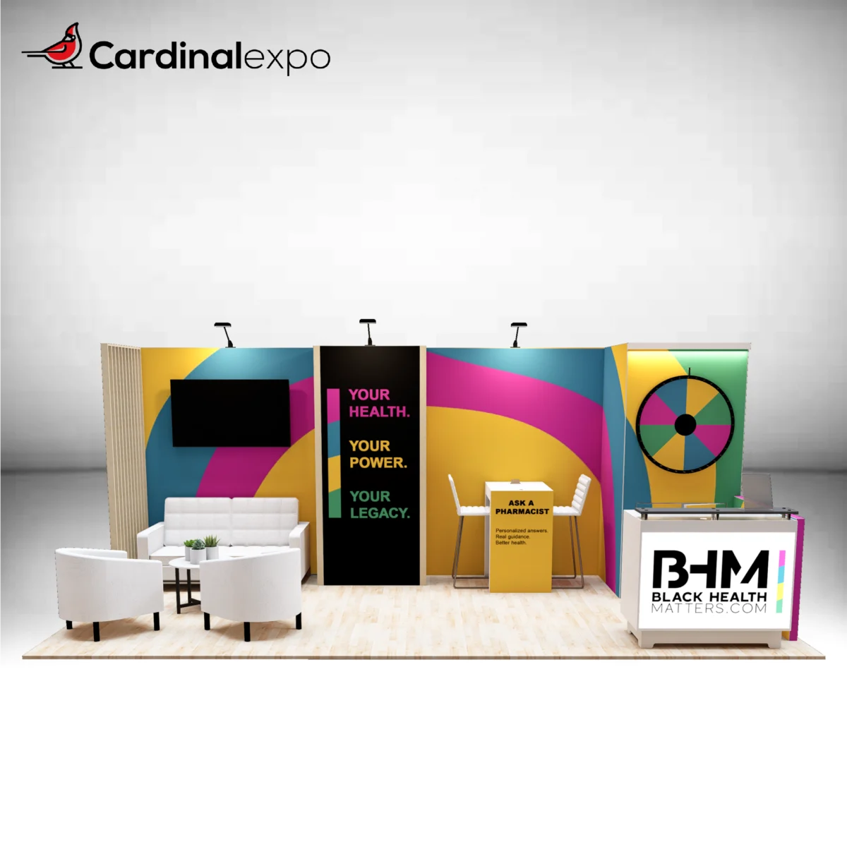 Front view of a 10x20 booth layout showcasing vibrant multi-color wave graphics, TV monitor alcove, lounge seating, branded consultation station, prize wheel, and backlit reception desk.
