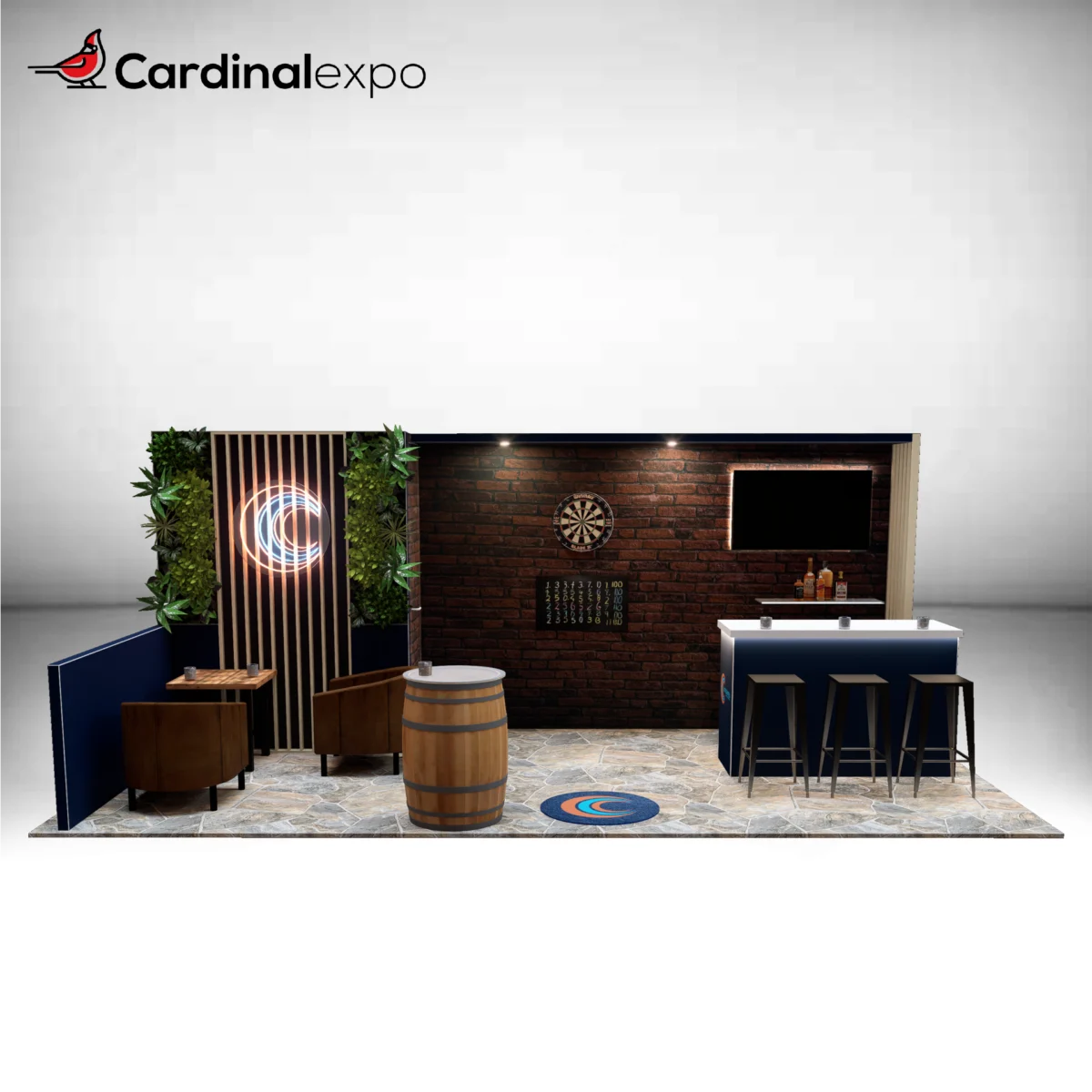 Front perspective of a 10x20 trade show booth styled like a pub, featuring a brick backwall, dartboard set, wooden barrel table, illuminated logo with greenery accents, and a bar counter with high stools.