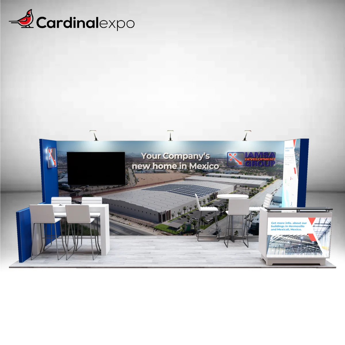 Front view of a 10x20 trade show booth rental featuring a 3D backlit logo sign, 3D illuminated icon accent, TV monitor, and reception desk.