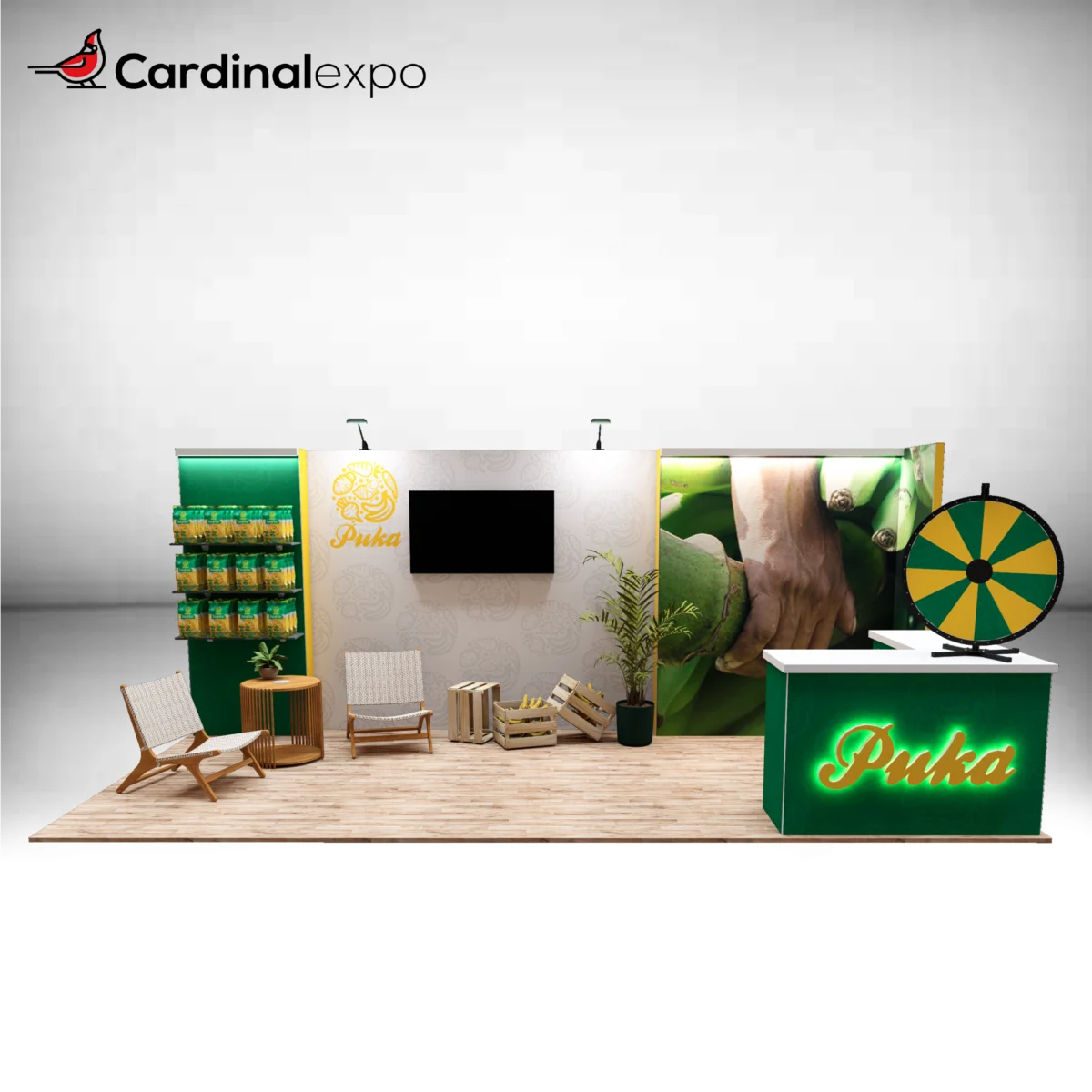 Front view of a 10x20 trade show booth rental featuring a green reception counter with a 3D backlit logo sign, tabletop prize wheel, TV screen, 3D backwall logo sign, and product display shelves.