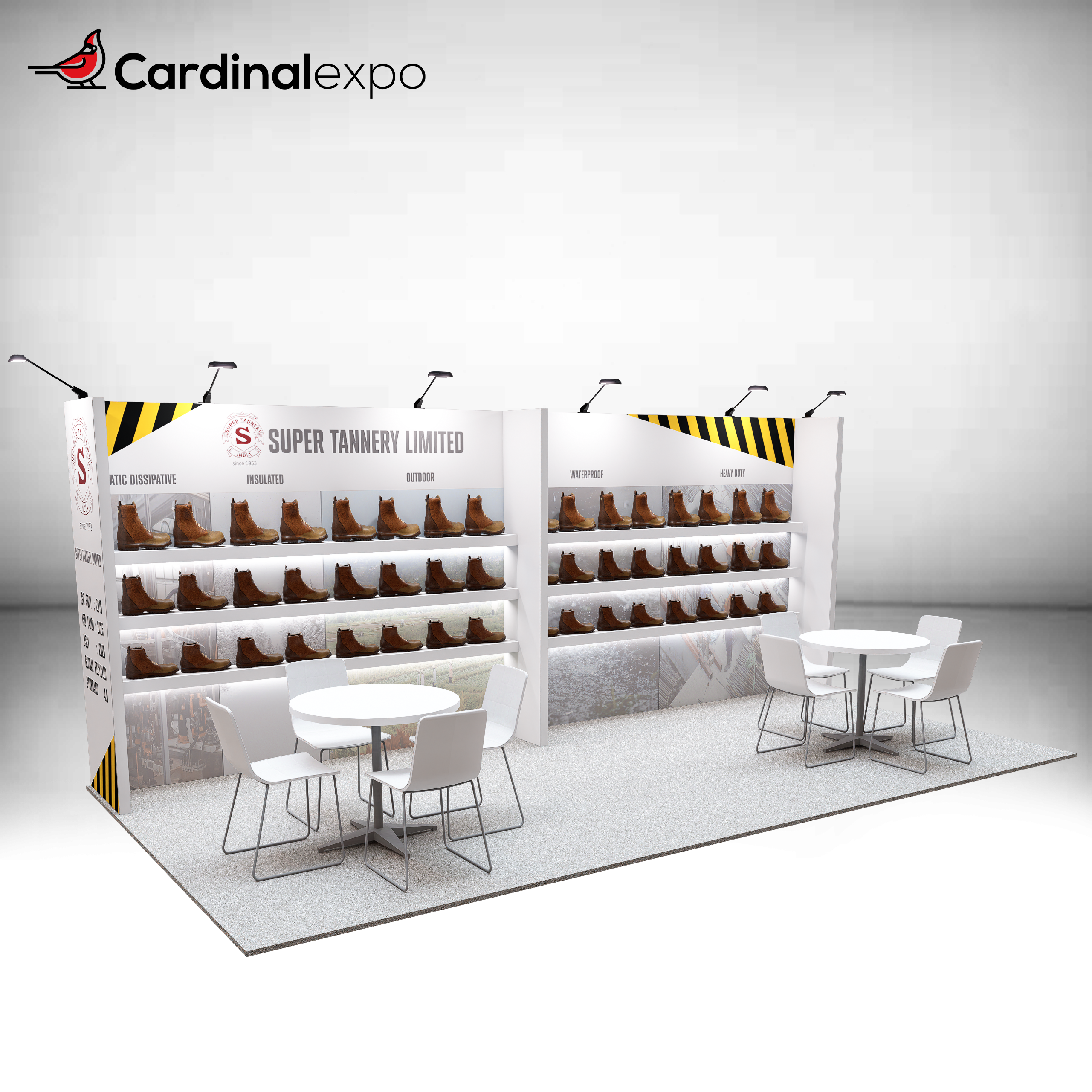 Left-angled perspective of a 10x20 exhibit structure showcasing tiered product shelves, side panel graphics, and dual meeting stations.