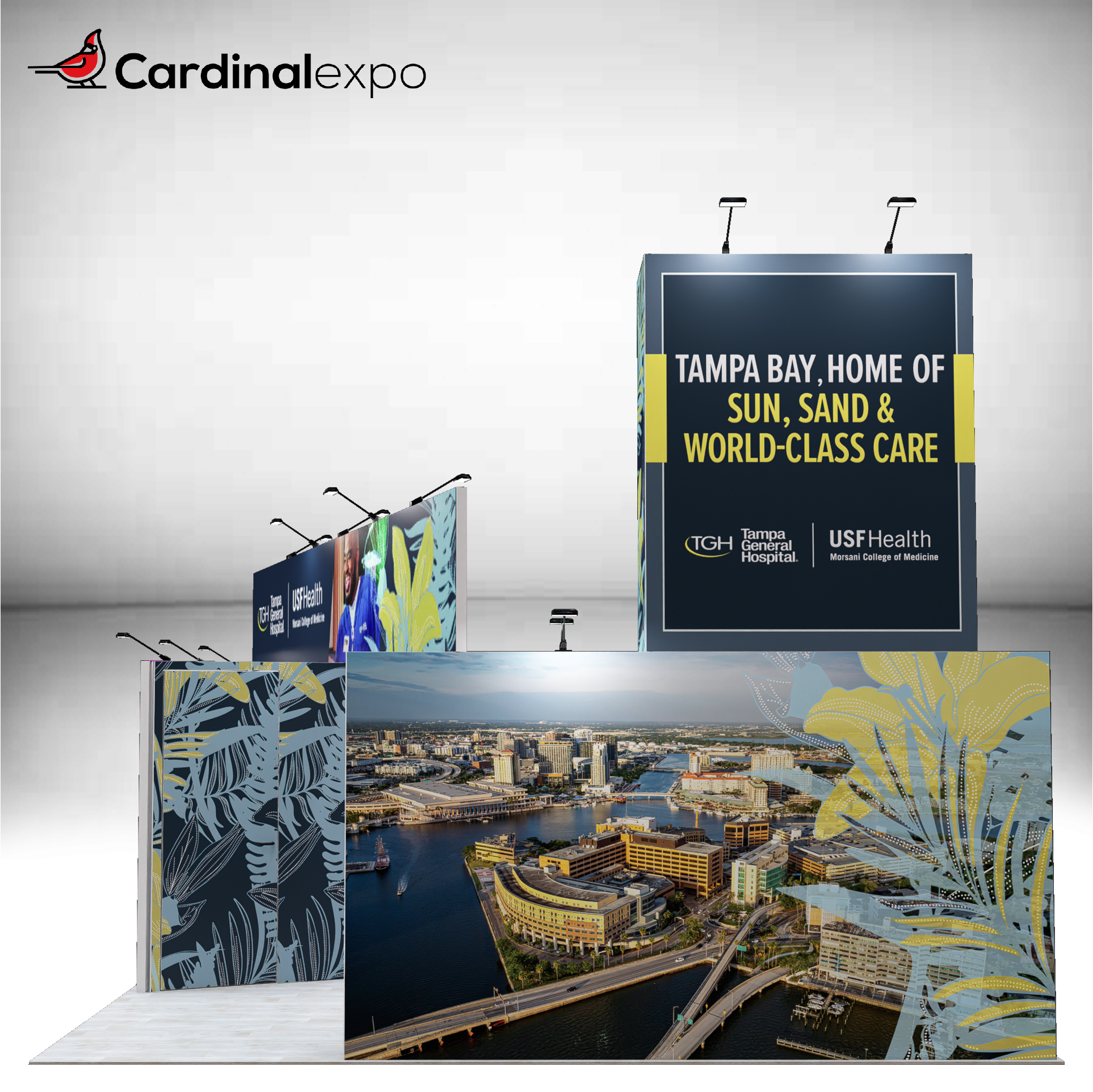 Rear view of a 20x20 trade show display rental highlighting large aerial city photo graphics, branded message panels, and a tall tower wall.
