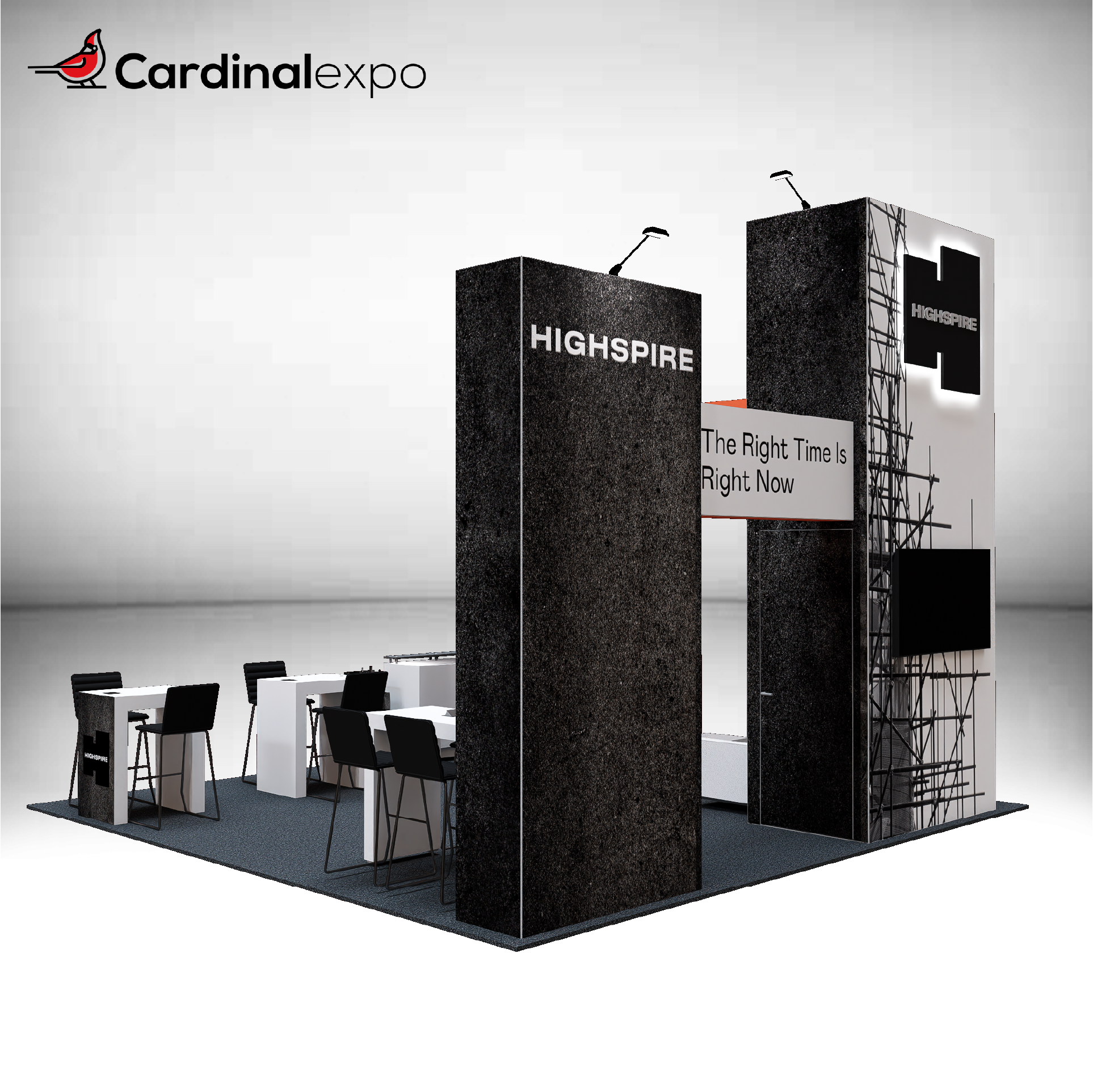 Back-left perspective of a 20x20 exhibit highlighting tall branding towers, a graphic bridge, and multiple high-top seating tables.