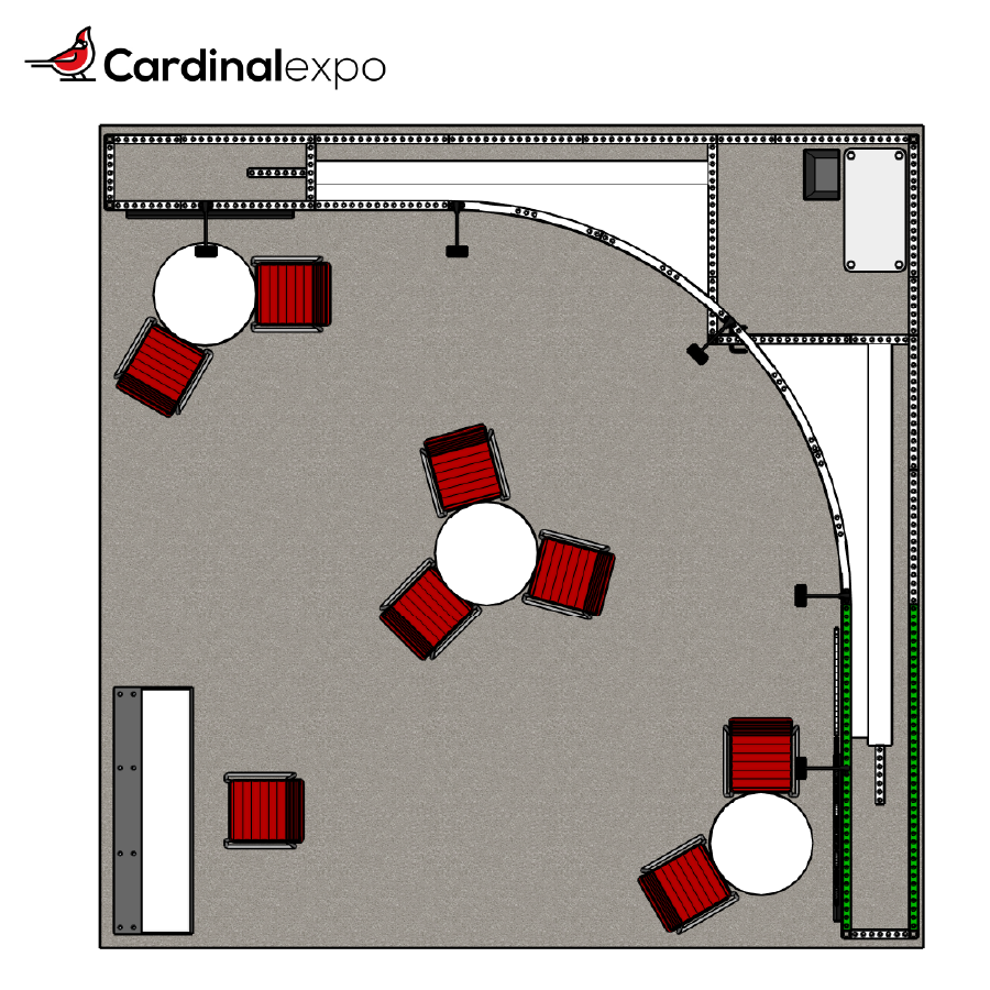 Top-down floor plan of a 20x20 booth layout featuring a curved corner backwall structure, three high-top seating areas, and a reception desk.