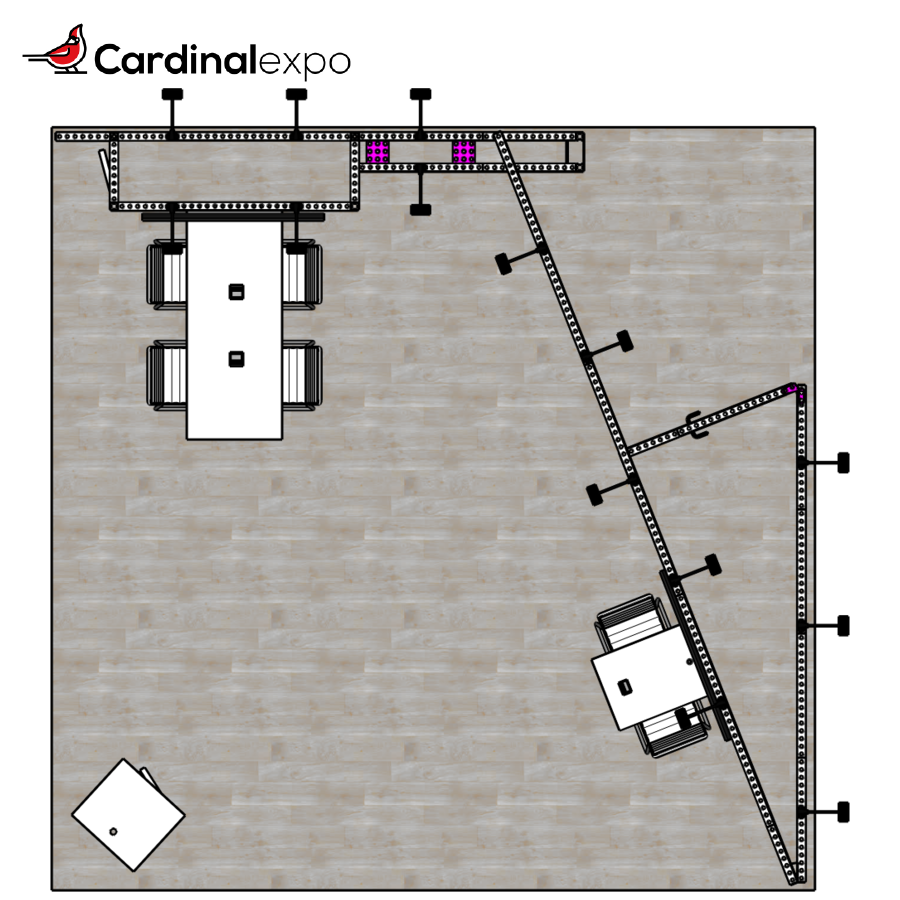 Overhead floor plan for a 20x20 trade show booth rental featuring a tall tower wall, conference table, meeting seating, and reception pedestal.