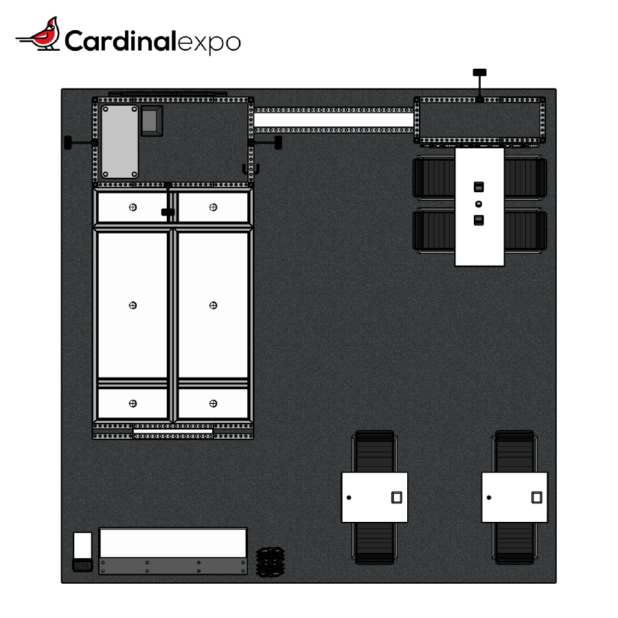 Top-down floor plan of a 20x20 island booth showing a sofa lounge, conference table, demonstration tables, and front counter.