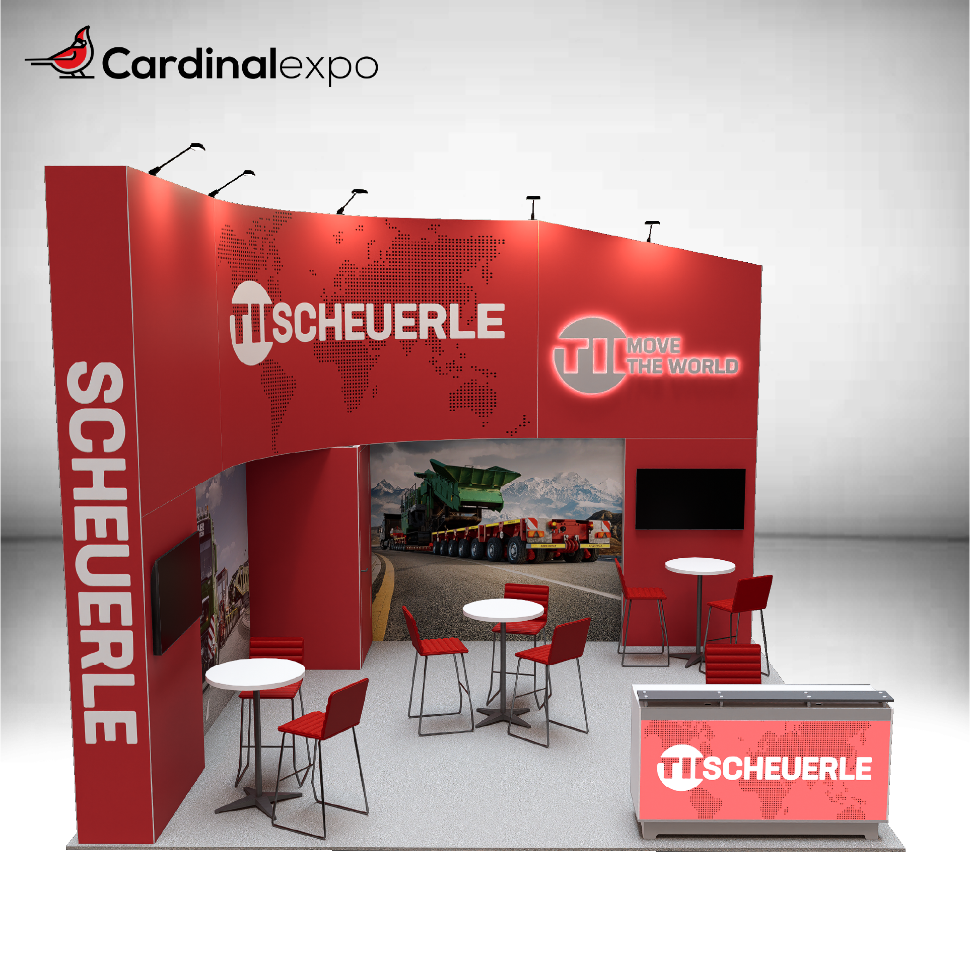 Front view of a 20x20 exhibit displaying a curved upper header sign, illuminated logo, front counter, and bistro seating stations.