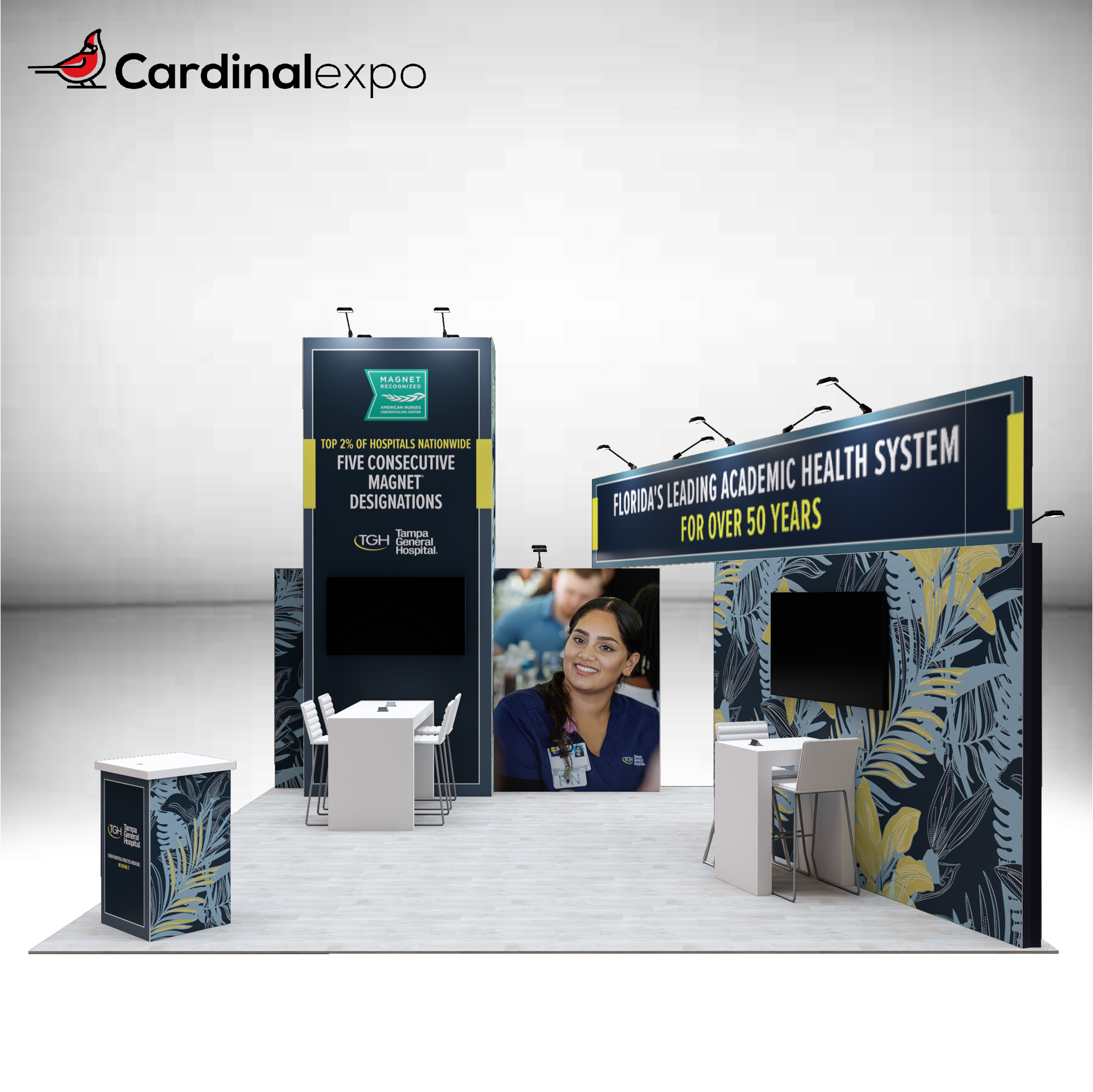 Front view of a 20x20 trade show booth rental showcasing a tall branding tower, overhead header beam, graphic backwalls, TV displays, and high-top seating.