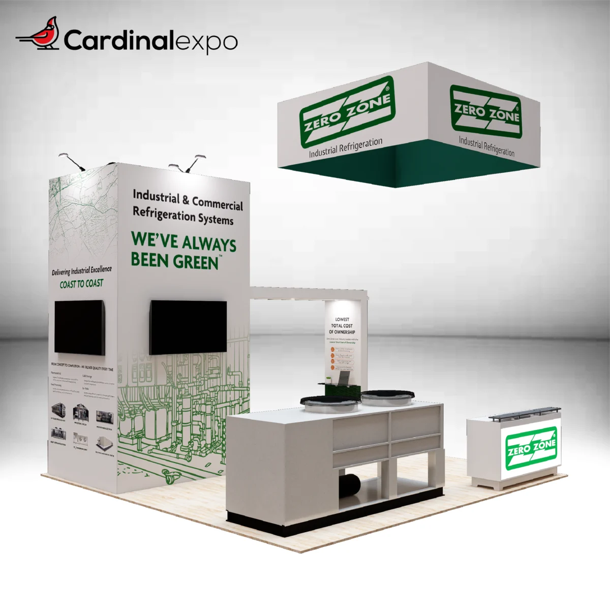 Front-left perspective of a 20x20 island booth layout with hanging sign, main display tower, product counters, and structural beam.