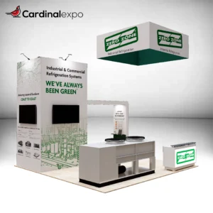 Front-left perspective of a 20x20 island booth layout with hanging sign, main display tower, product counters, and structural beam.