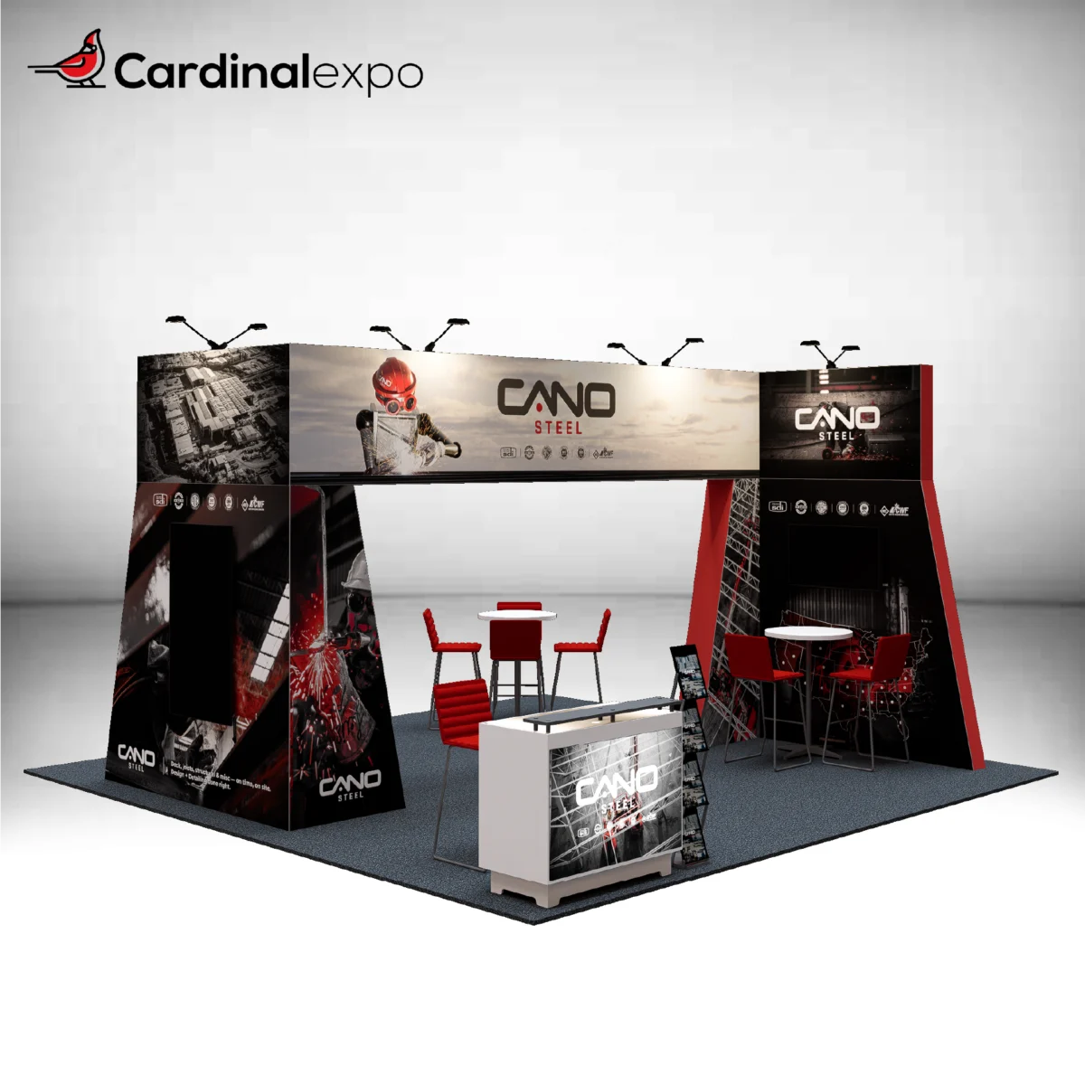 Front-left angle of a 20x20 booth structure highlighting an overhead graphic beam, backlit reception desk, and high-top seating.