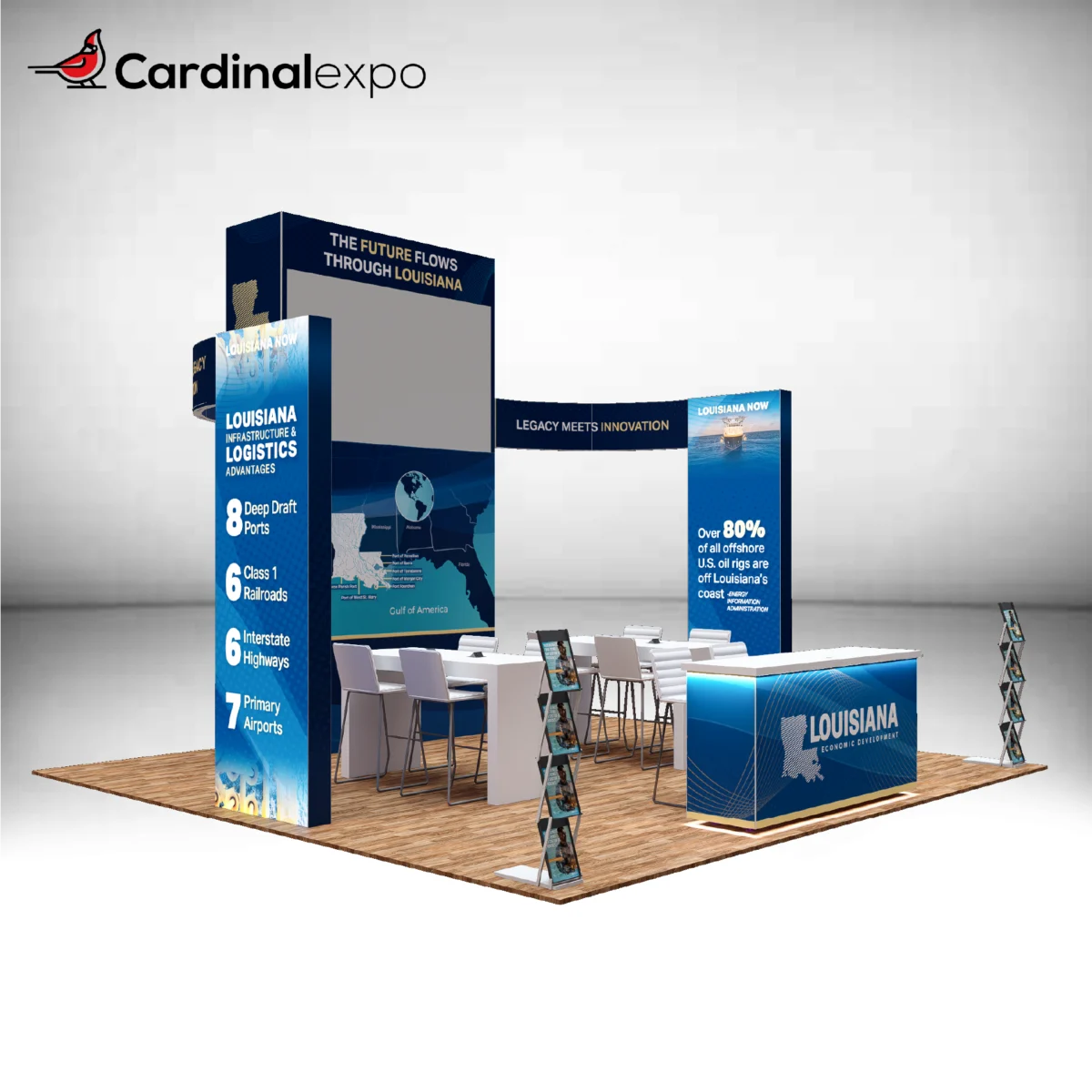 Front-left view of a 20x20 trade show booth layout showcasing a central tower, curved header, and meeting stations.