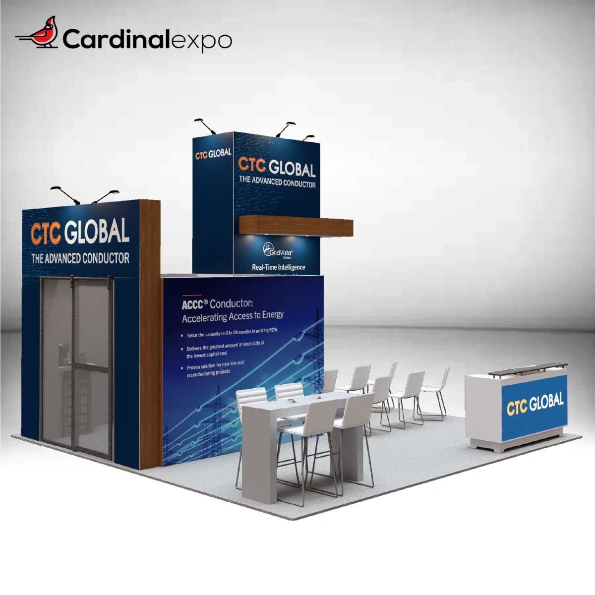 Front-left perspective of a 20x20 island exhibit showcasing an enclosed glass-door room, branding tower, meeting table, and front desk.