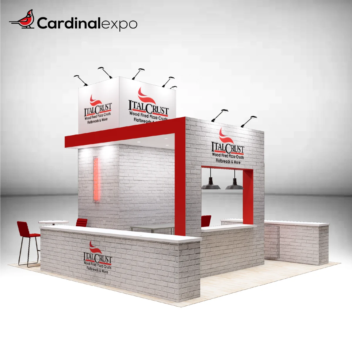 Front-left angle of a 20x20 trade show layout showcasing a brick service counter, canopy arch, tower graphic, and seating.