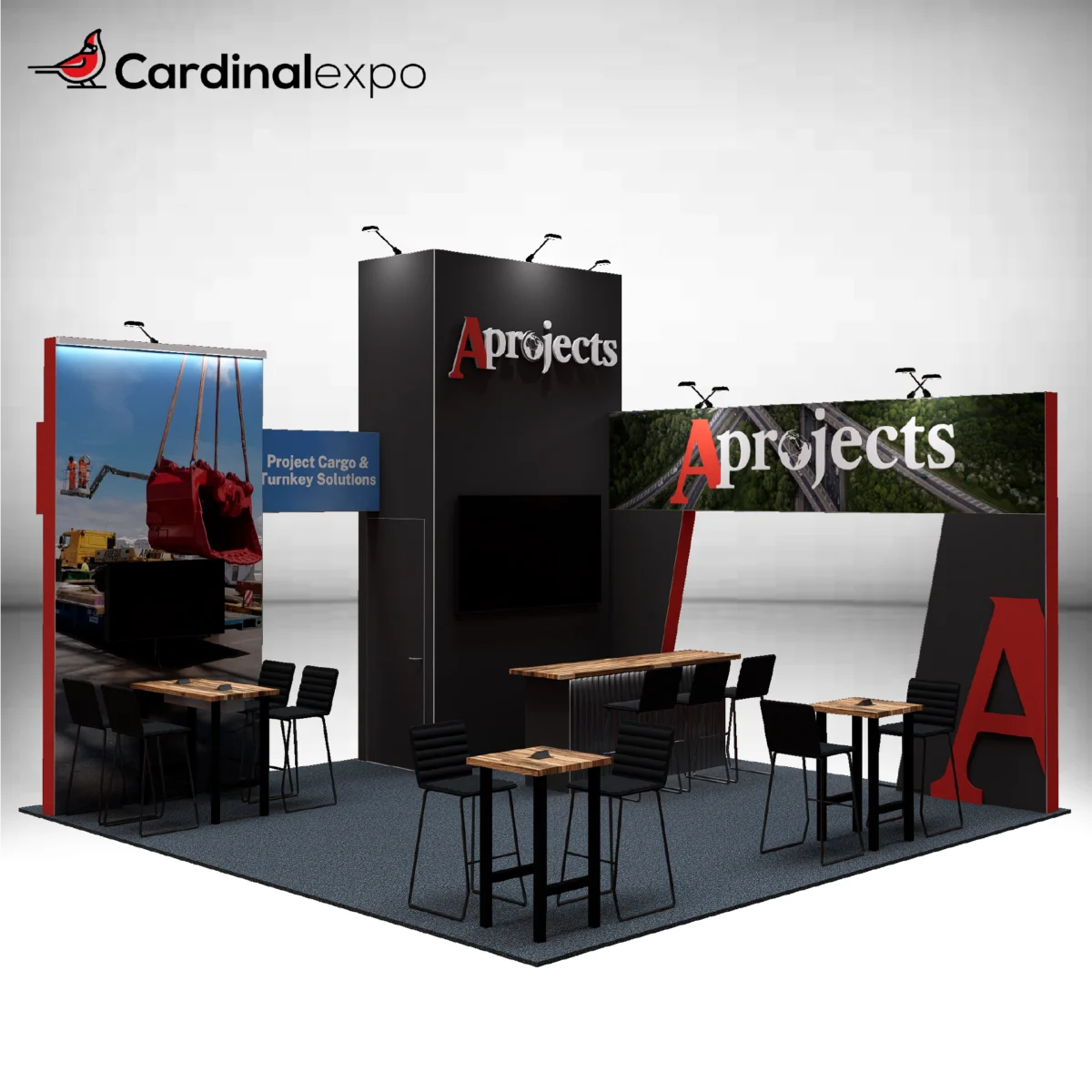 Front-left angle of a 20x20 trade show structure showcasing an L-shaped arch header, central tower, TV monitor, and bistro seating.