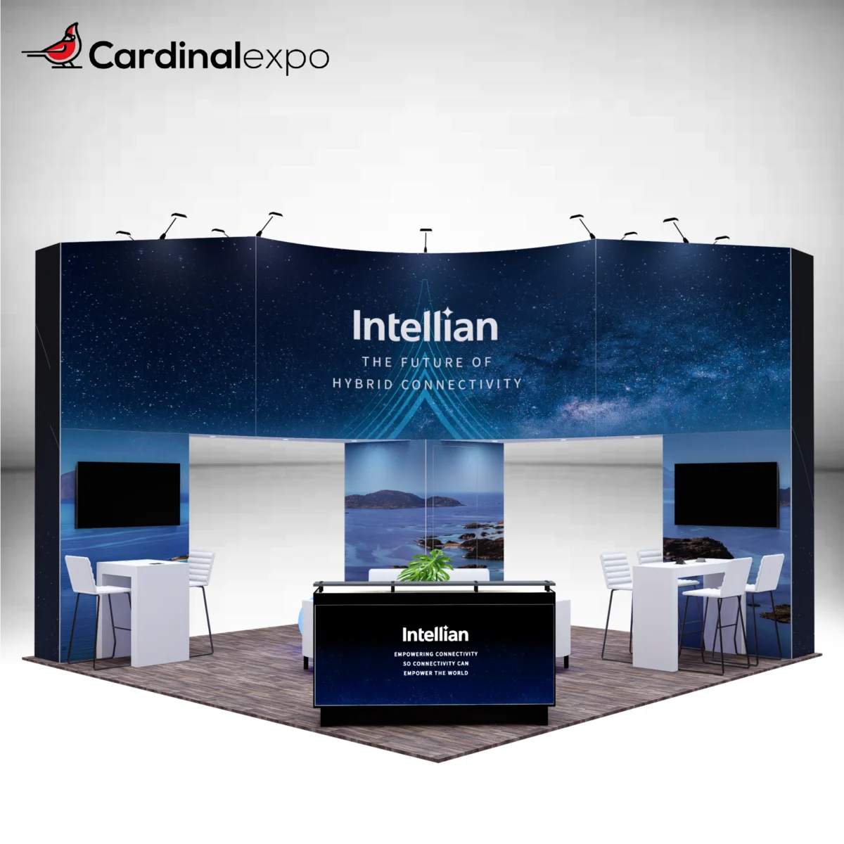 Front-left angle of a 20x20 trade show booth rental featuring a 3D backlit logo sign on a curved header wall, backlit reception desk, twin TV displays, and high-top seating stations.