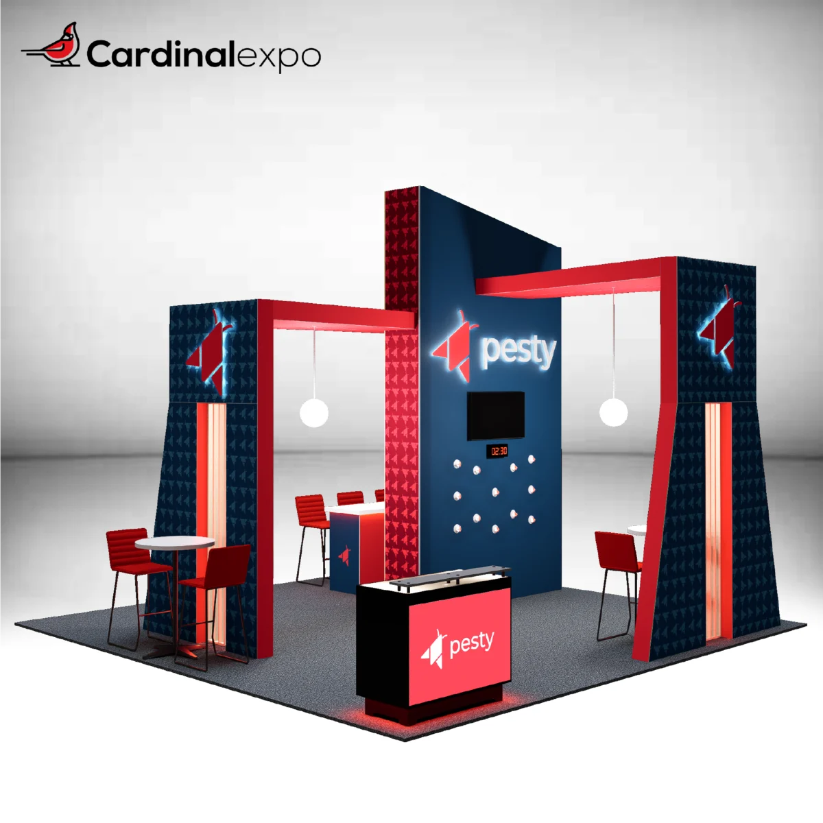 Front-left angle of a 20x20 booth structure showcasing dual canopy arches, pendant lights, backlit counter, 3D logo, and high-top seating.