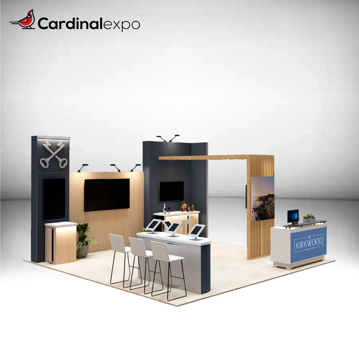 Front-left view of a 20x20 trade show display showcasing a curved counter with tablets, wood arbor, TV backwall, and reception counter.