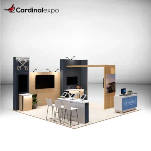 Front-left view of a 20x20 trade show display showcasing a curved counter with tablets, wood arbor, TV backwall, and reception counter.