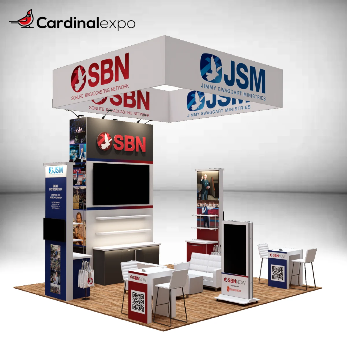 Front-left view of a 20x20 trade show layout highlighting a square hanging sign, digital poster stand, meeting tables, and lounge seating.