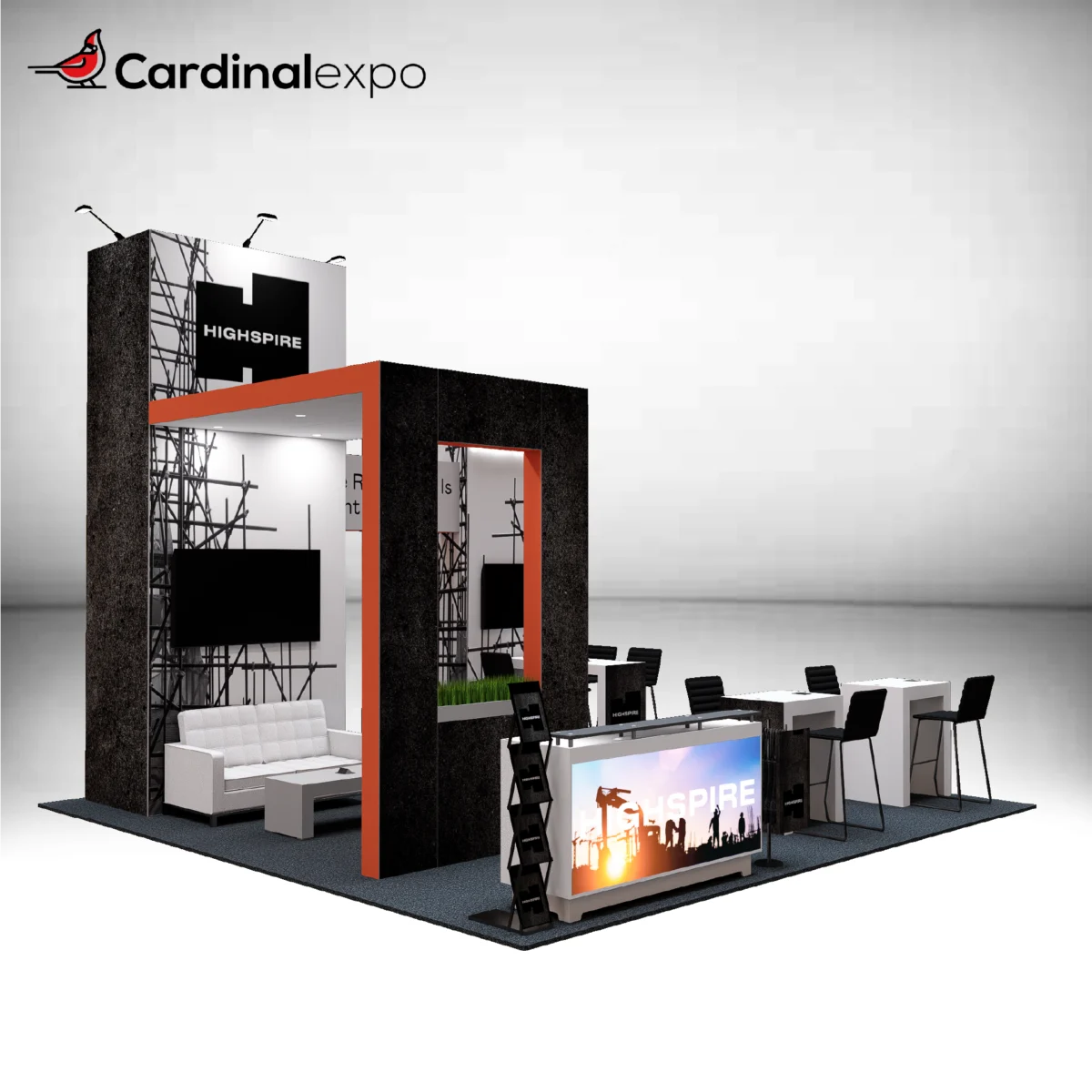 Front-left view of a 20x20 island booth layout showcasing a sofa lounge area, backlit reception counter, high tower, and meeting tables.