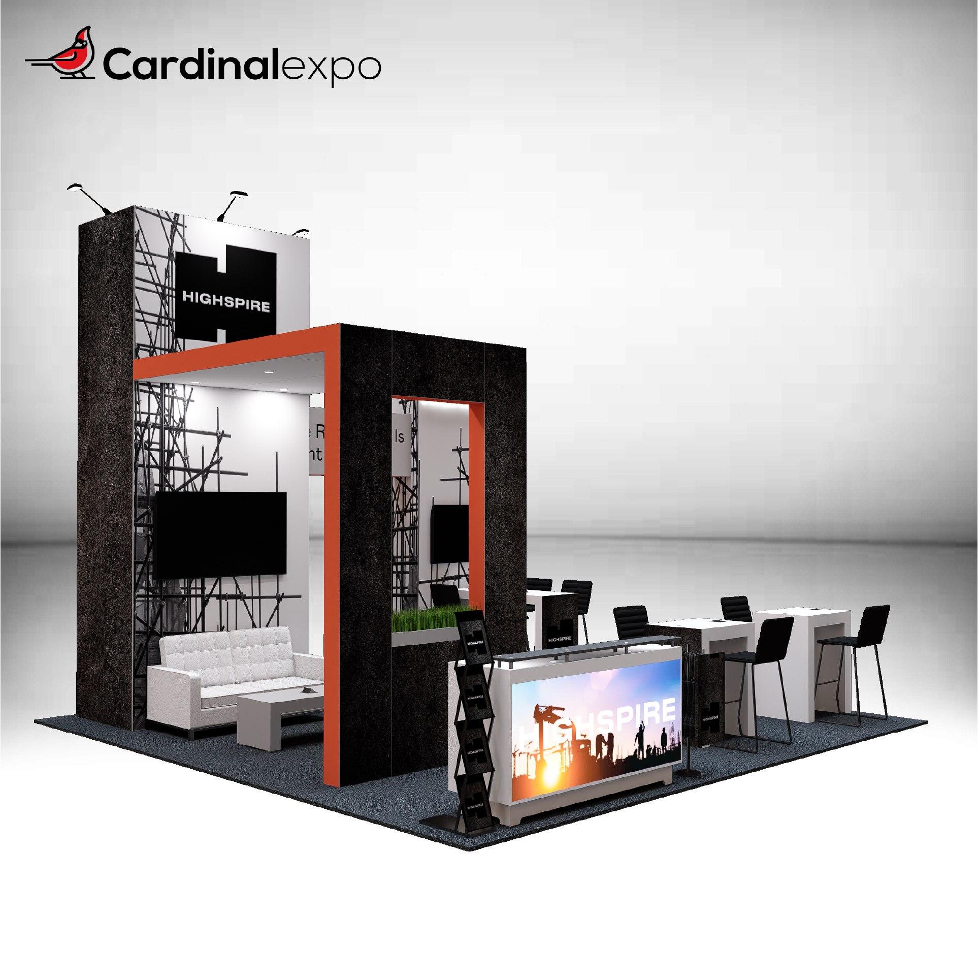 Front-left view of a 20x20 island booth layout showcasing a sofa lounge area, backlit reception counter, high tower, and meeting tables.