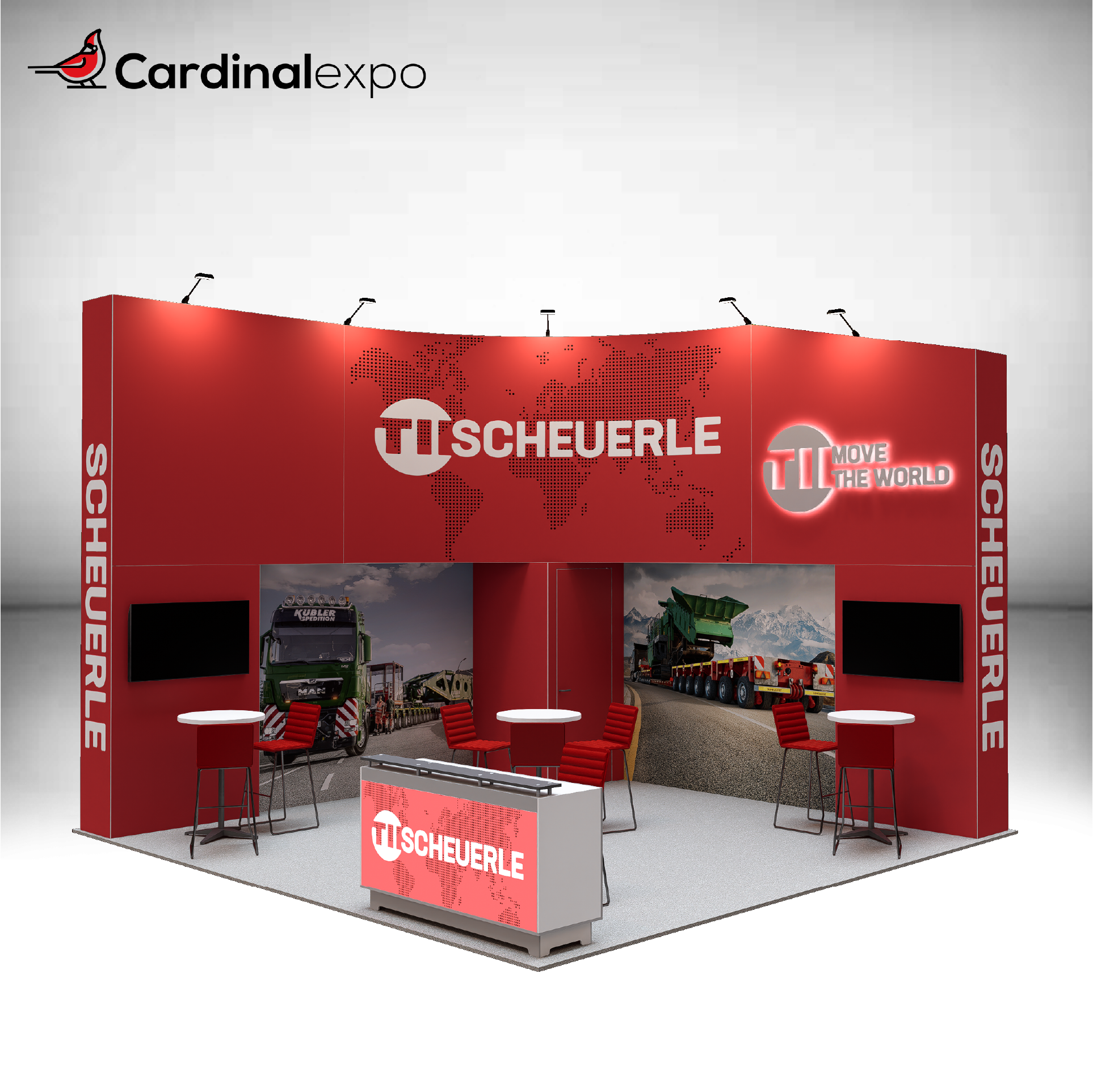 Front-right perspective of a 20x20 booth structure highlighting a curved header, side wall graphics, monitors, front desk, and high-top tables.