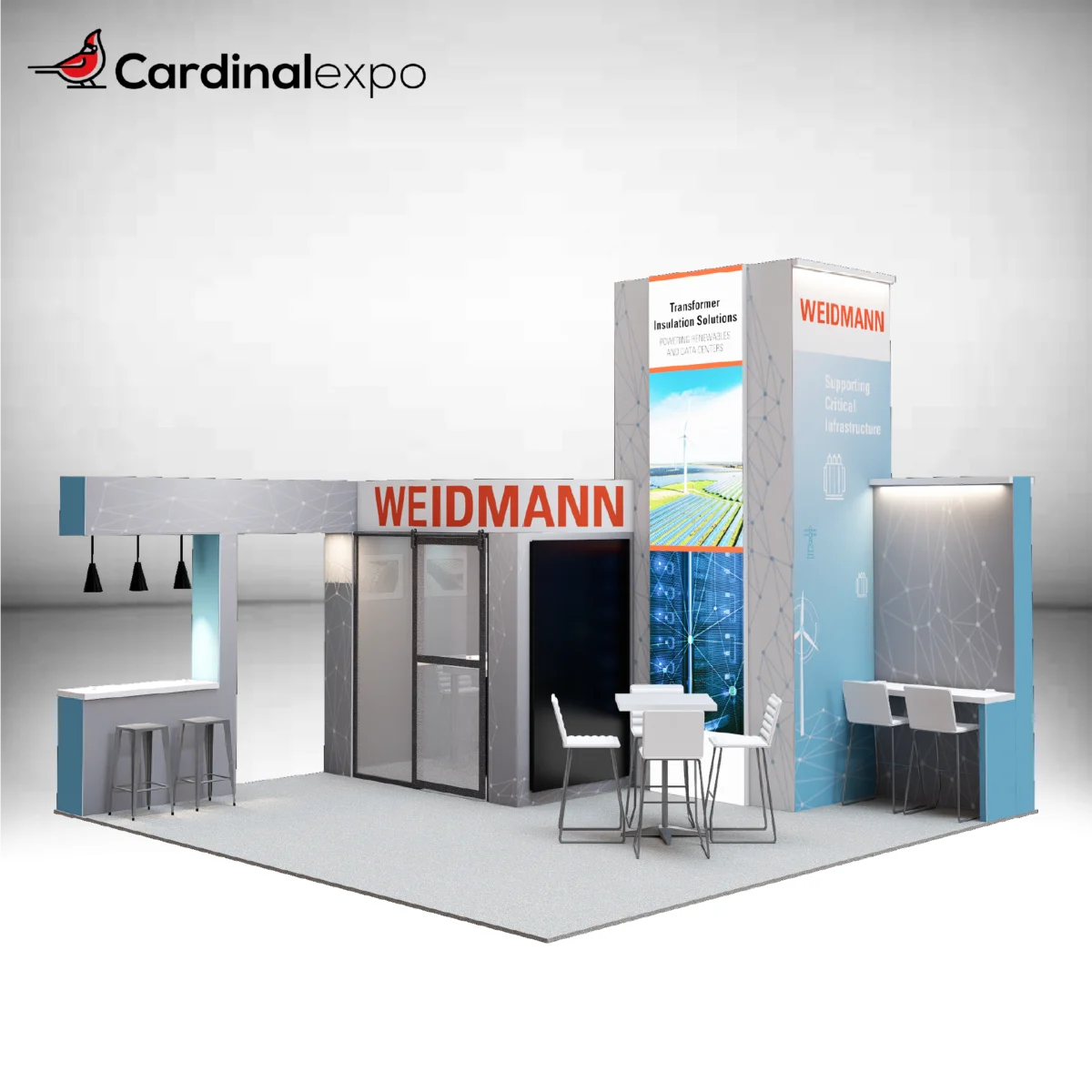 Front-right angle of a 20x20 trade show structure highlighting a tall graphic tower, glass meeting room, bar counter, and seating.