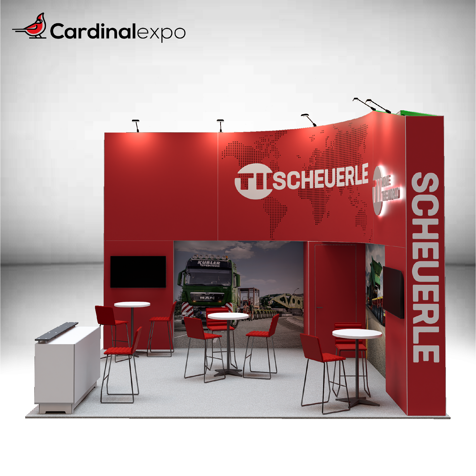 Right-side angle of a 20x20 trade show layout showcasing a storage closet, large graphic murals, backlit counter, and bistro meeting sets.