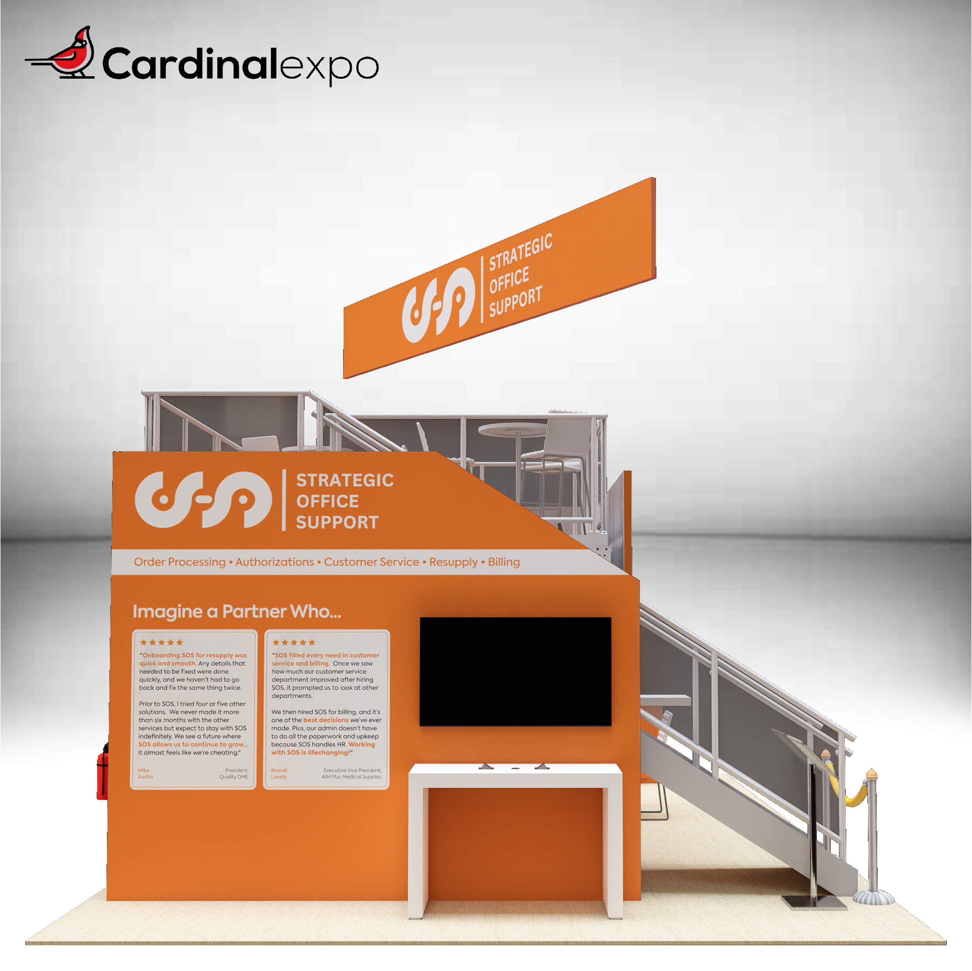 Rear view of a double-deck large custom trade show booth rental featuring an orange testimonial wall, TV monitor, side staircase, and hanging banner sign.