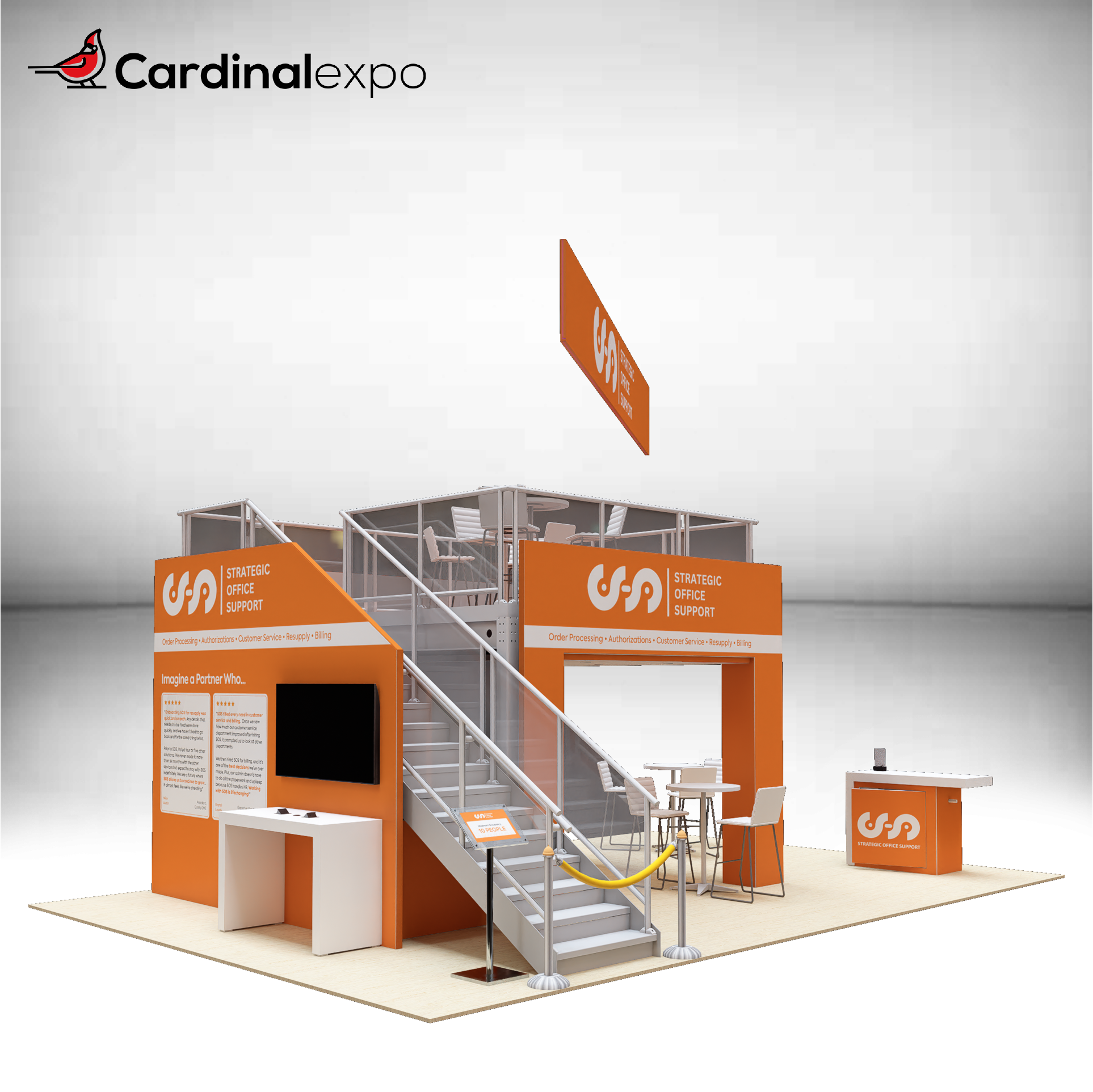 Back-right perspective of a double-deck large custom trade show exhibit rental with staircase access to an upper deck lounge, hanging banner sign, and reception desk.