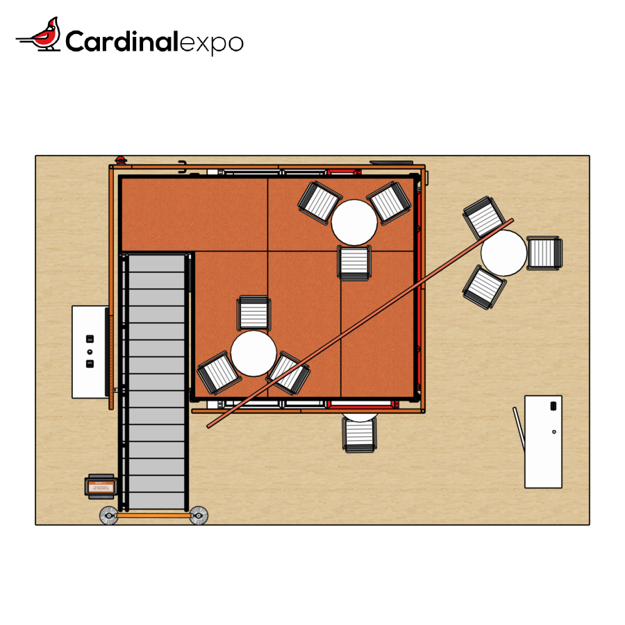 Overhead floor plan for a double-deck large custom trade show booth rental showing staircase placement, upper deck seating, and lower level meeting stations.