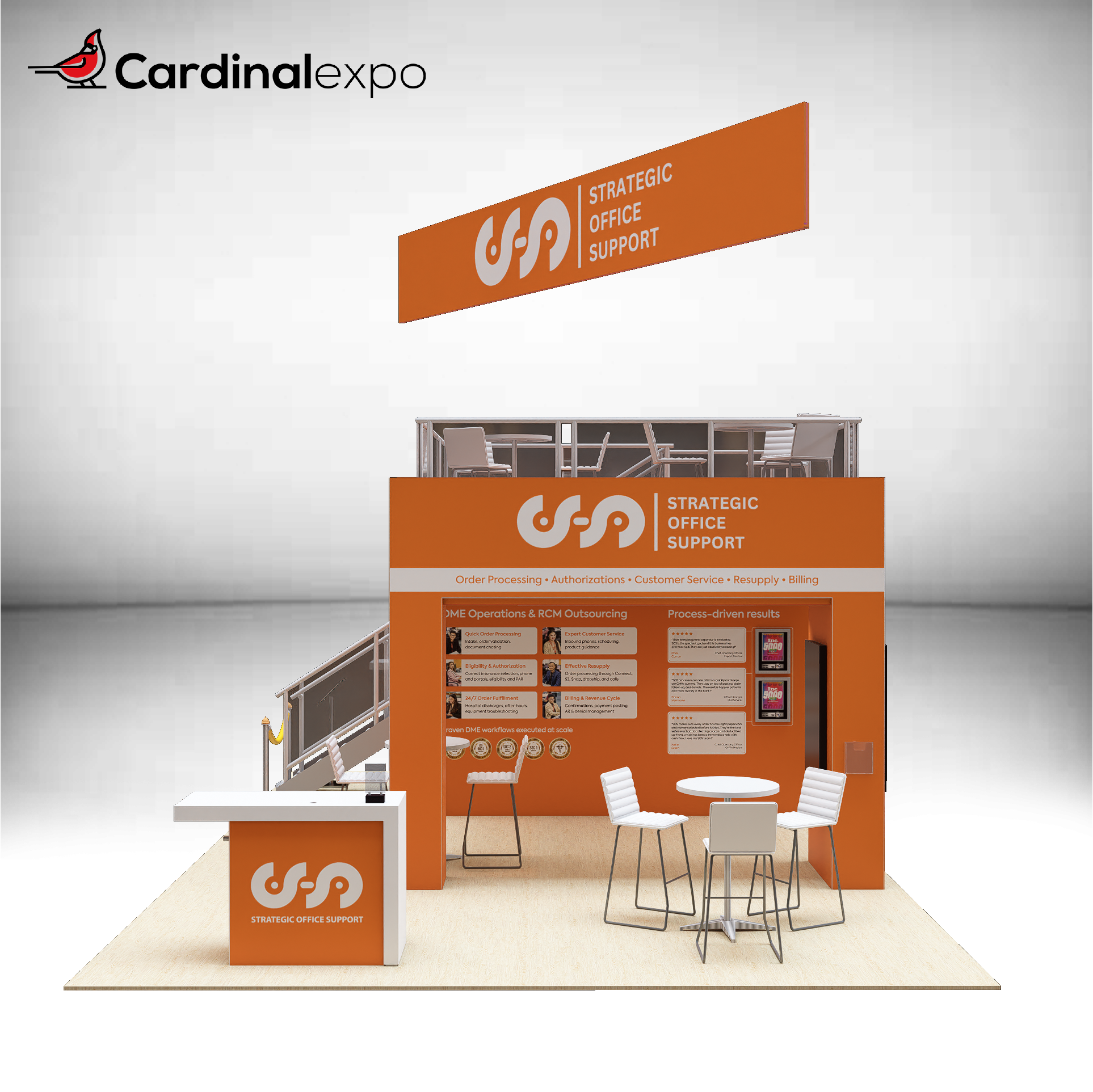 Front view of a double-deck large custom trade show booth rental featuring a branded reception desk, orange hanging banner sign, lower level meeting area, and upper deck lounge.