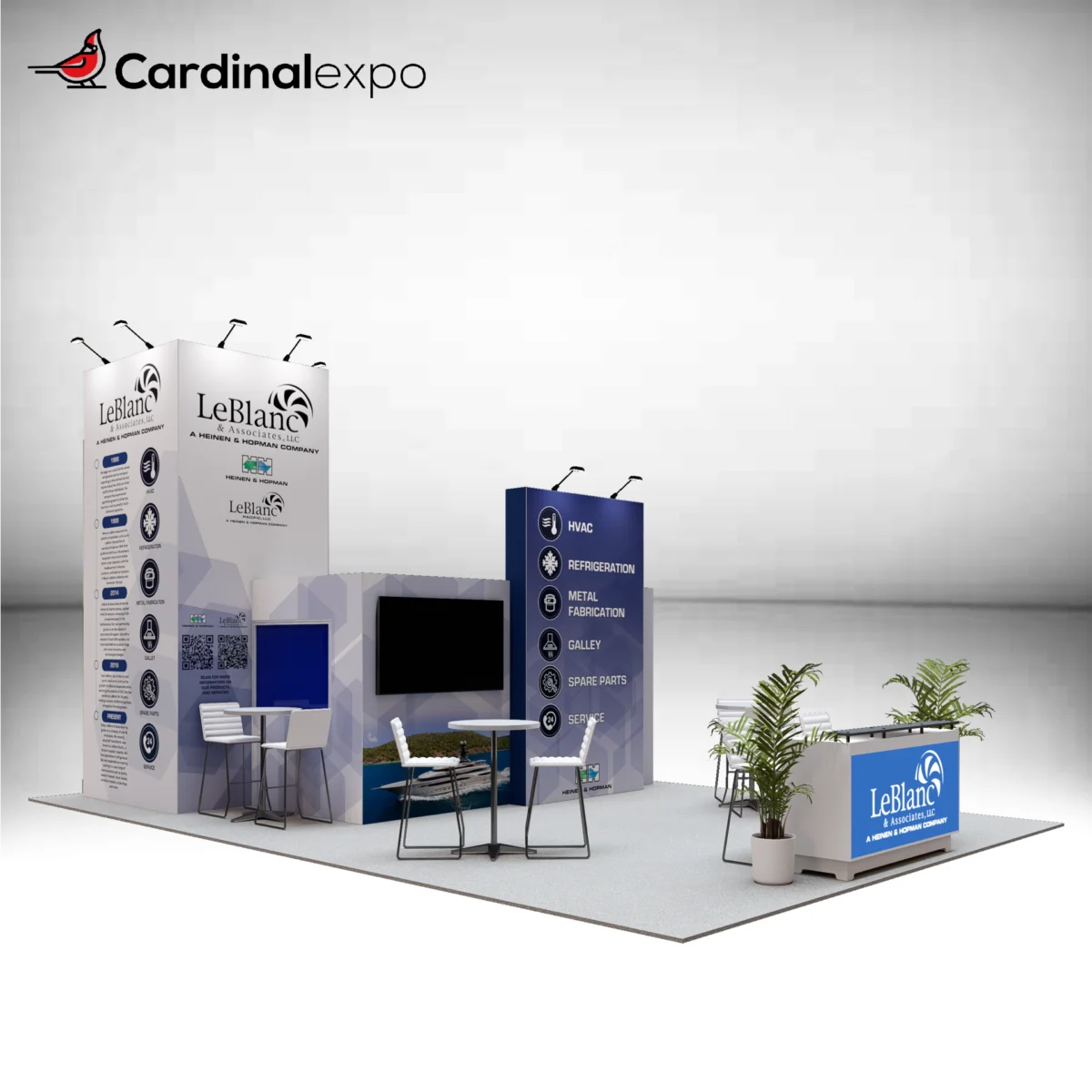 Front-left perspective of a large custom trade show booth rental highlighting a reception counter, bistro meeting sets, TV display wall, and tall tower structure.