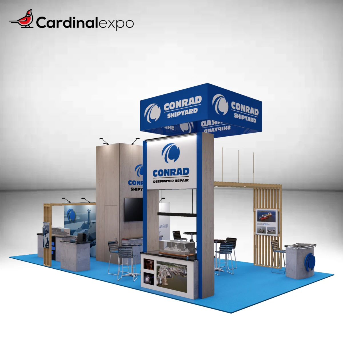 Front-left angle of a large custom trade show display rental with square hanging sign, model ship display, wood pergola, and reception desk with a 3D logo sign.