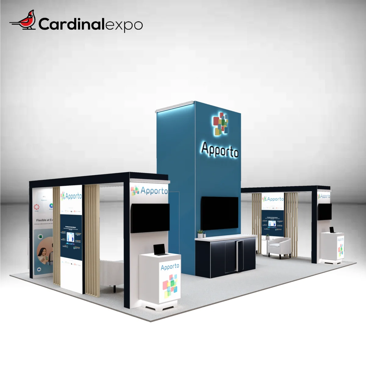 Front-left perspective of a large custom trade show exhibit rental with a 3D backlit logo sign, central tower, demo kiosks, and canopy structures.