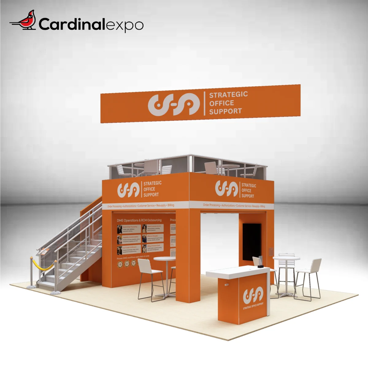 Front-left angle of a double-deck large custom trade show display rental highlighting a side staircase, upper deck seating, hanging banner sign, and front reception counter.
