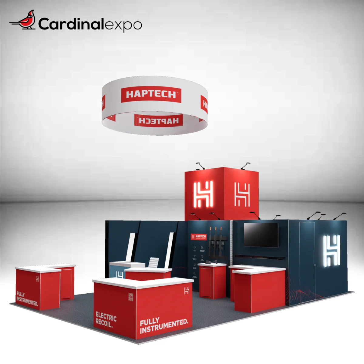 Front-right perspective of a large custom trade show display rental featuring a circular hanging sign, red tower structure with 3D backlit logo signs, TV screen, and reception desks.