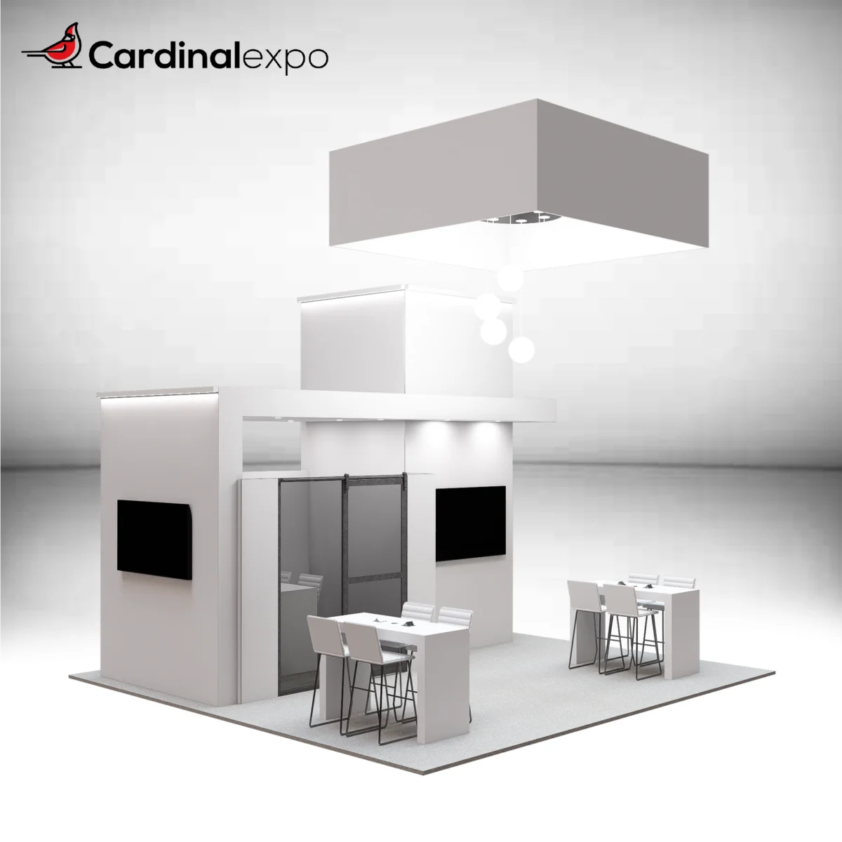 Front-left angle of a 20x20 trade show exhibit rental with a central square hanging sign, glass-door meeting room, wall-mounted TV monitors, and workstation tables.