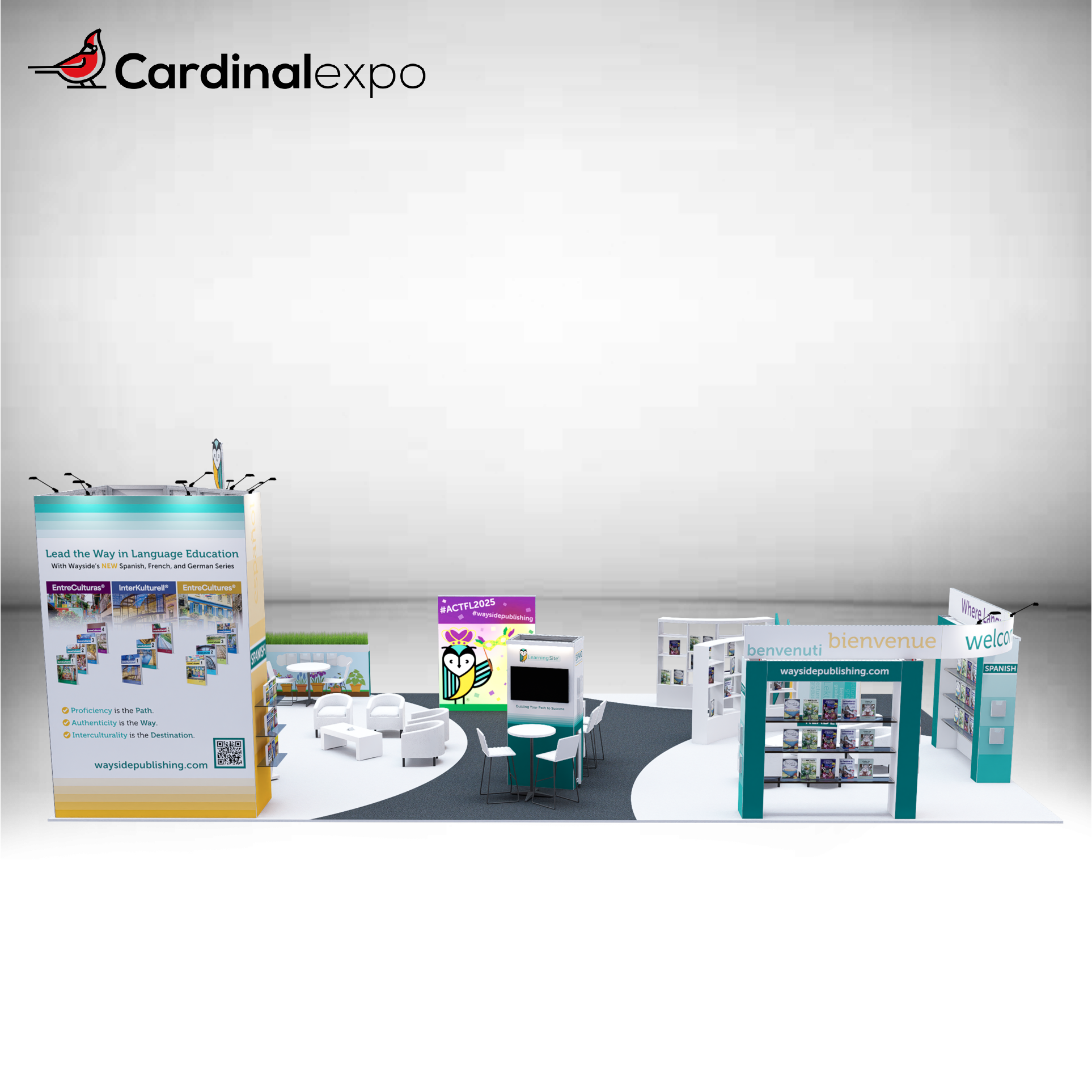 Rear perspective of a large custom trade show exhibit rental with book display shelves, language learning graphics, arched header beam, and storage room tower.