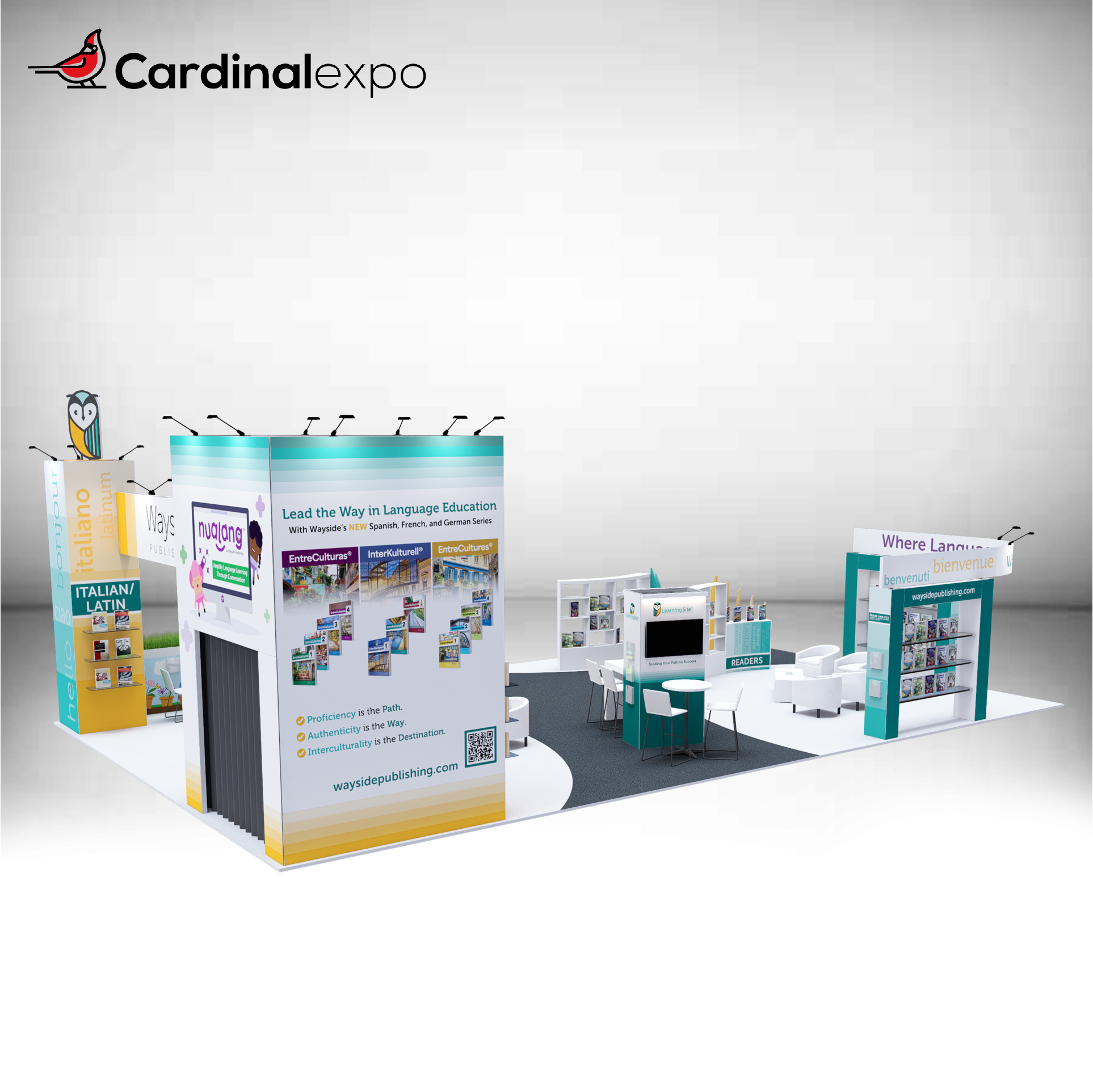 Back-left view of a large custom trade show booth rental featuring a storage tower, book shelving units, language graphics, and a 3D owl logo sign topper.